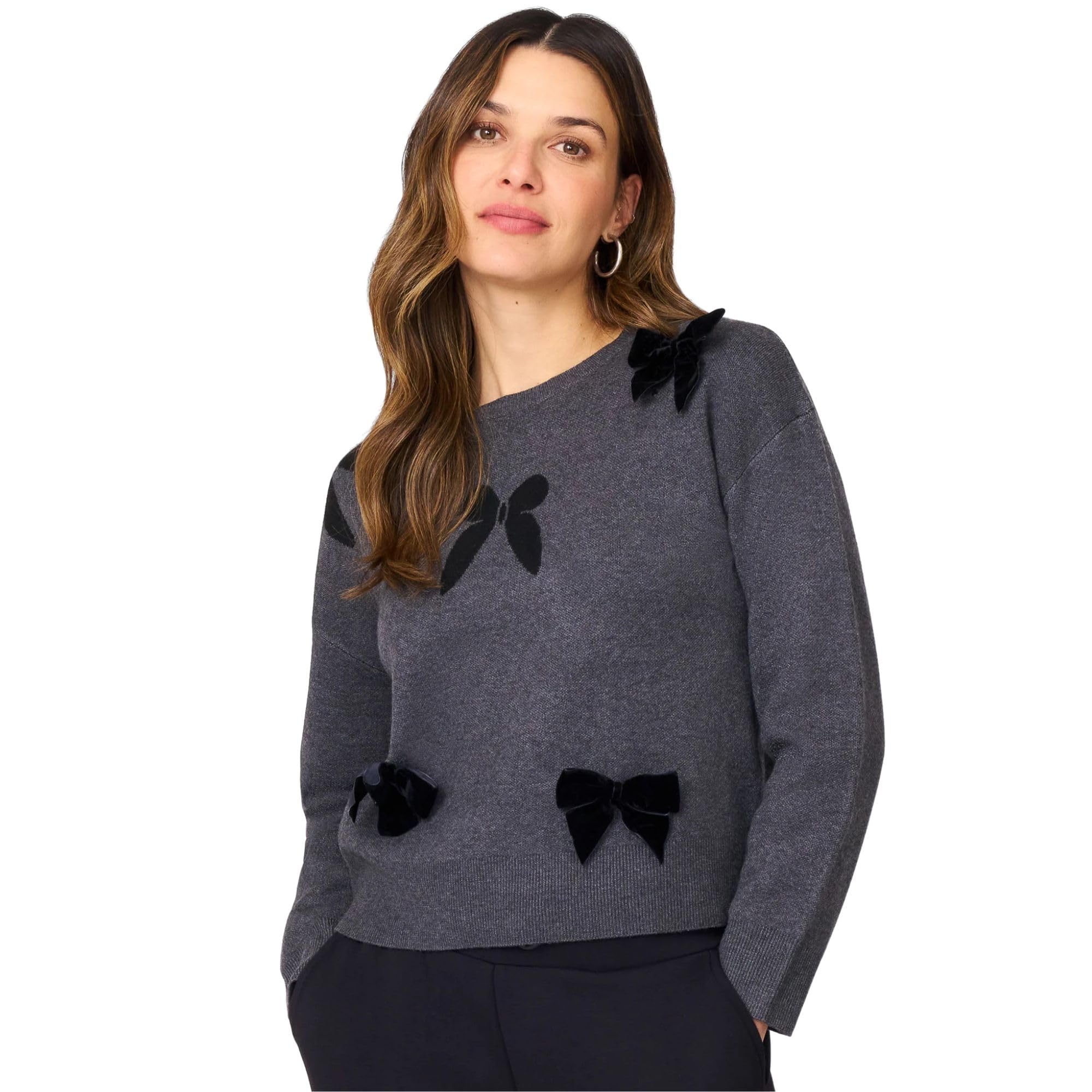 Cable Gauge Womens Bow Long Sleeve Sweater Charcoal Grey