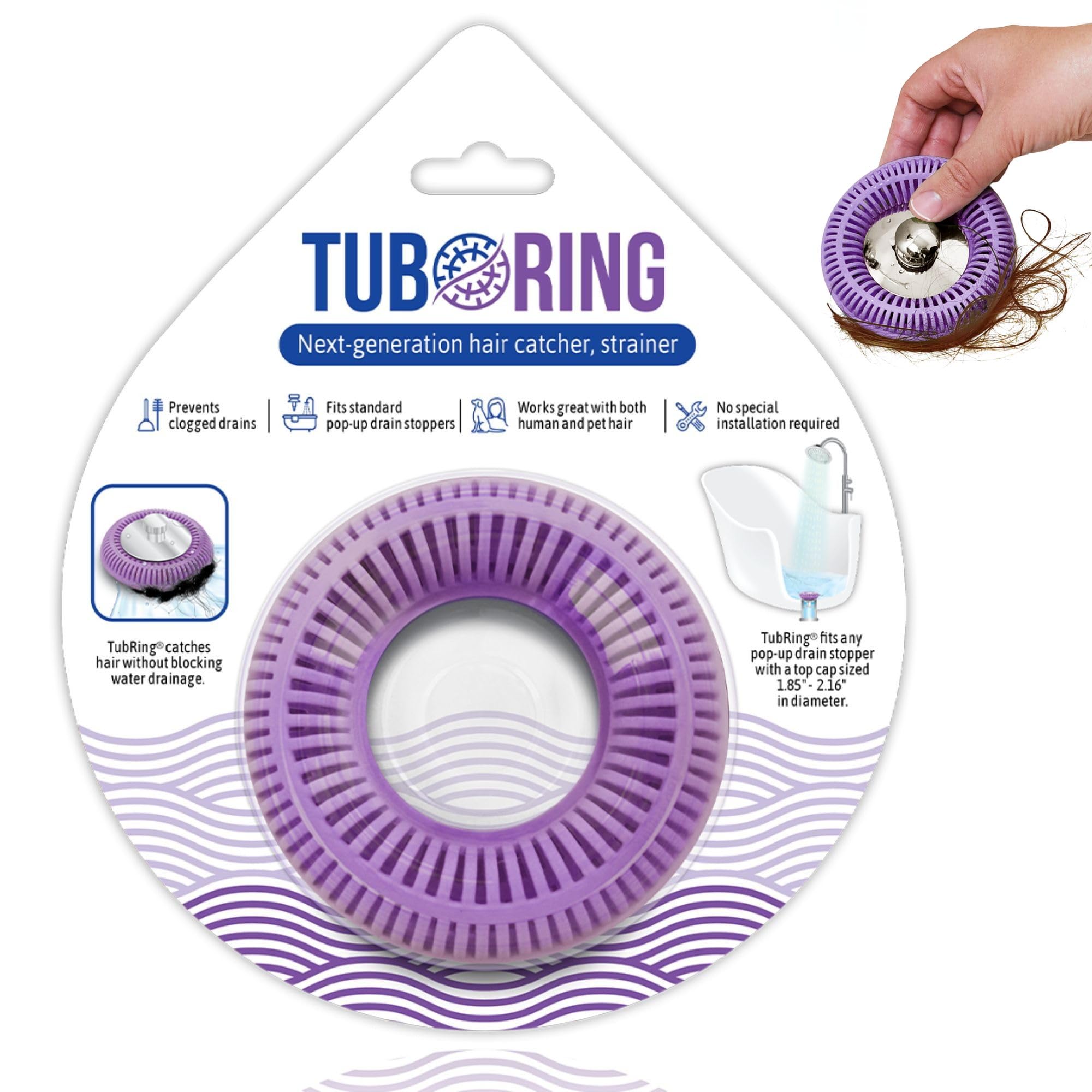 Tub Ring Violet Hair Catcher For Shower Drain & Bathtub – Tubring Pop-Up Drain Protector & Strainer, Reusable Silicone Stopper For Bathroom Clog Prevention, Fits 1.85"–2.16" Drains |
