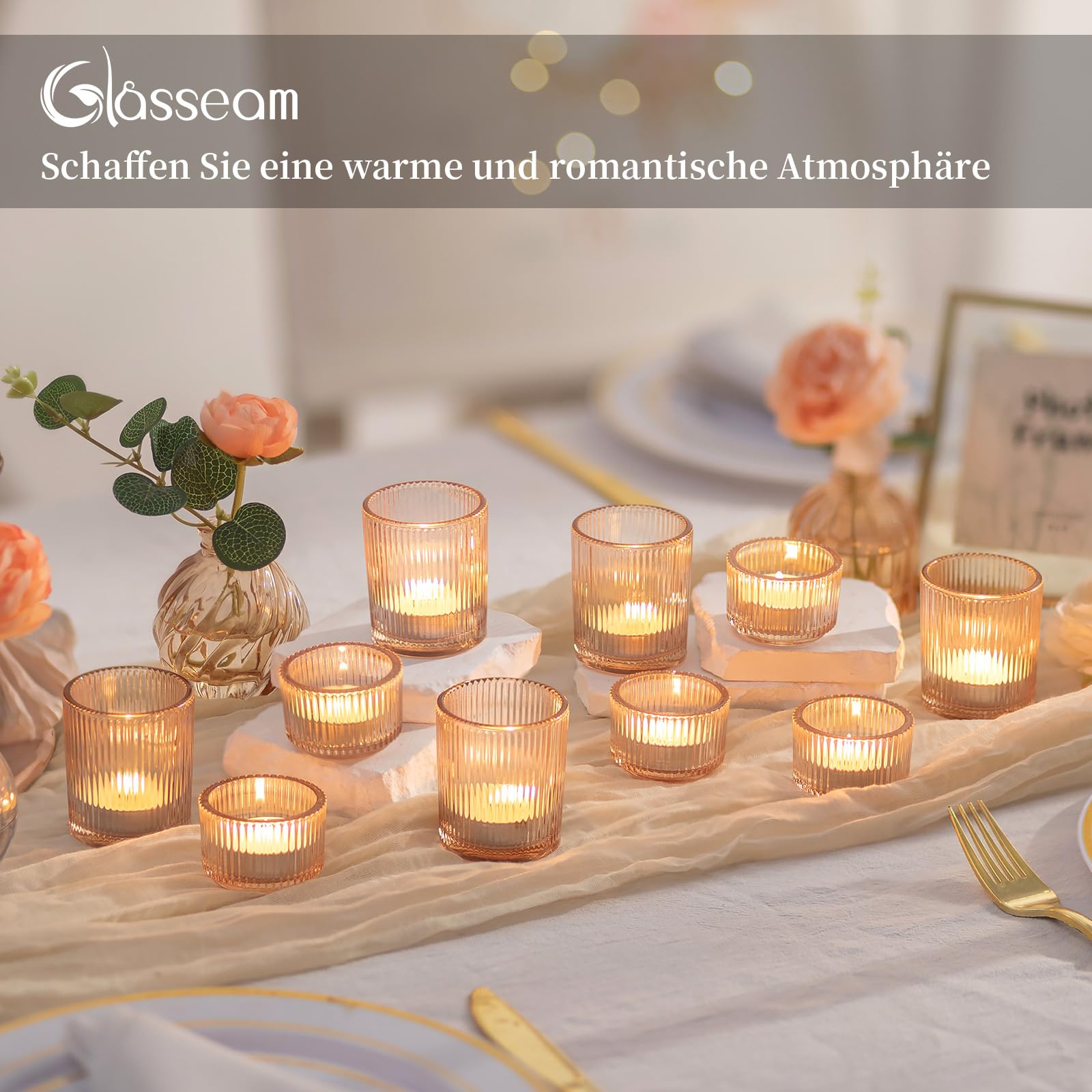 Glasseam Teelichtgläser Gold Teelichthalter Glas: 24er Set Teelichtglas Gerippt Teelicht Gläser für Tischdeko Klein Kerzengläser Votivkerzenhalter für Tisch Weihnachten Hochzeit Deko