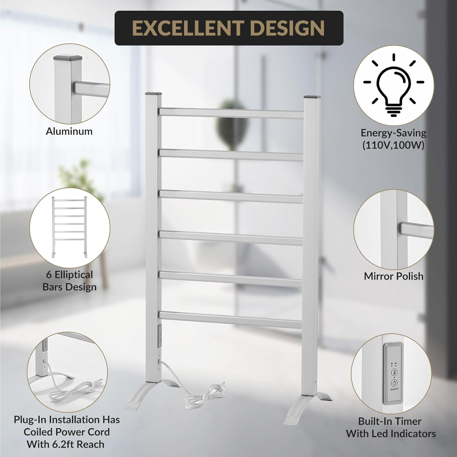 6-Bar Towel Warmer, Freestanding or Wall Mounted Bathroom Heater, 105W Plug-in Towel Rack with 2/4H Timer, IP56 Waterproof for Bathroom, Spa (Silver)