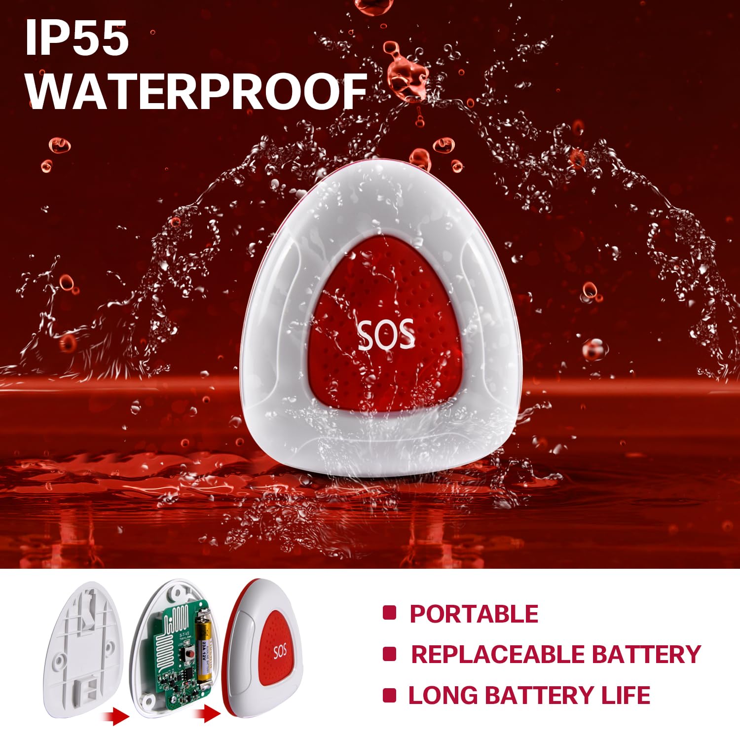 Sistema di chiamata infermiera wireless per uso domestico, 2 ricevitori di allarme plug-in e 2 pulsanti di aiuto impermeabili, portata di oltre 150 m, per anziani/pazienti/disabili