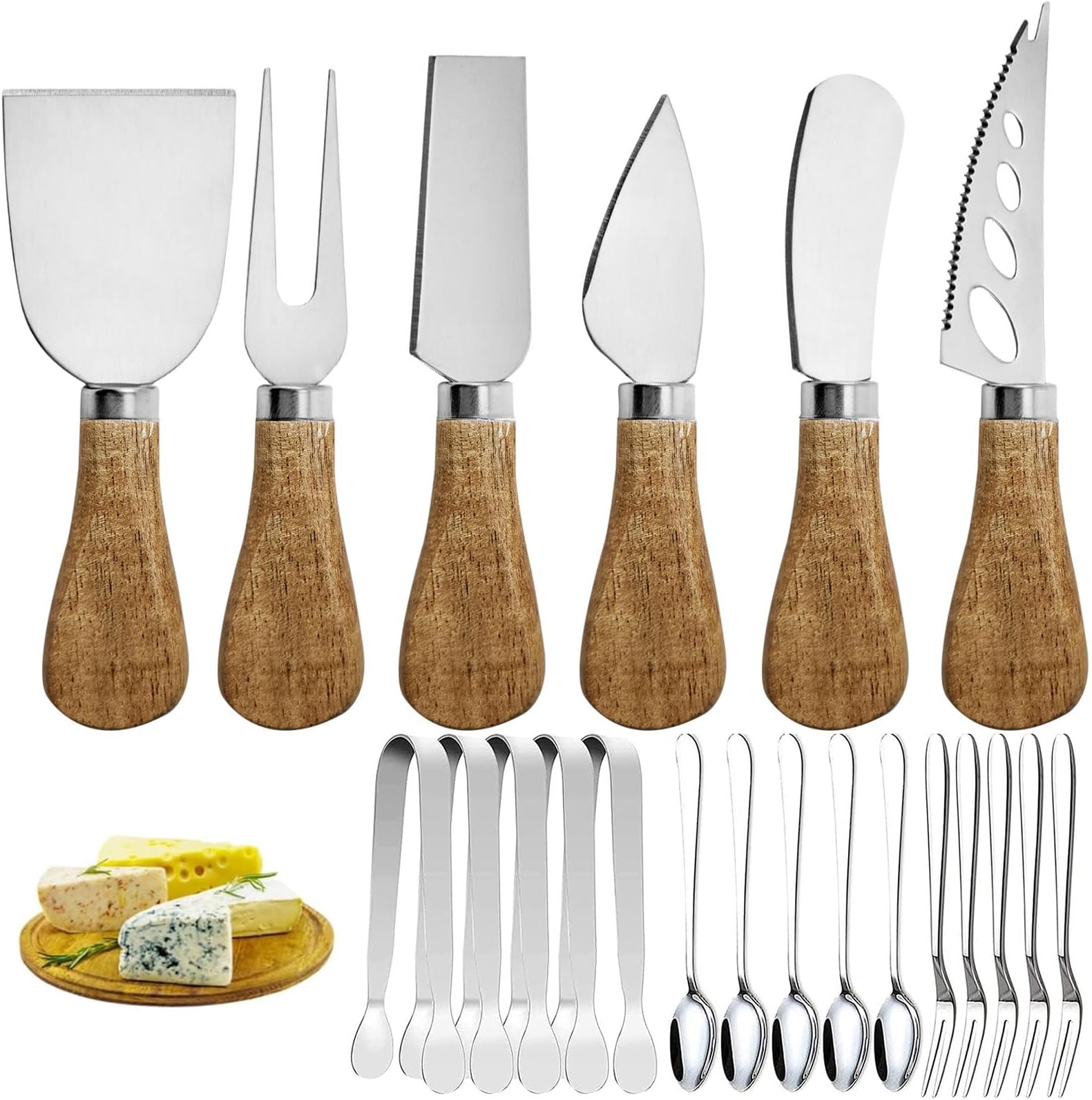 Charcuterie Board Accessories Set - Stainless Steel Spreader Knives with Wooden Handles, Mini Serving Tongs, Spoons & Forks for Parties, Weddings & Holidays (6pc Knives + 15pc Tools)