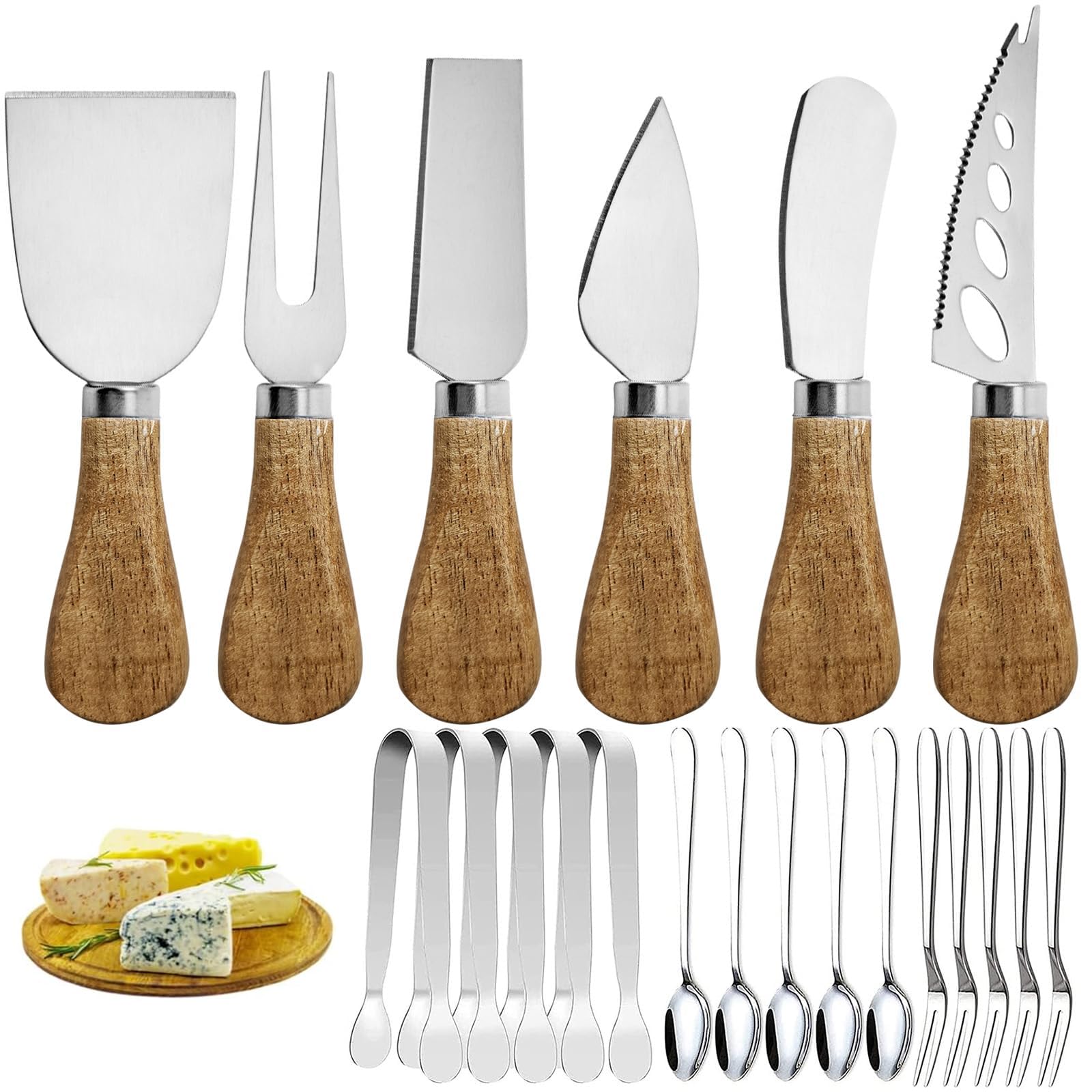 Charcuterie Board Accessories Set - Stainless Steel Spreader Knives with Wooden Handles, Mini Serving Tongs, Spoons & Forks for Parties, Weddings & Holidays (6pc Knives + 15pc Tools)