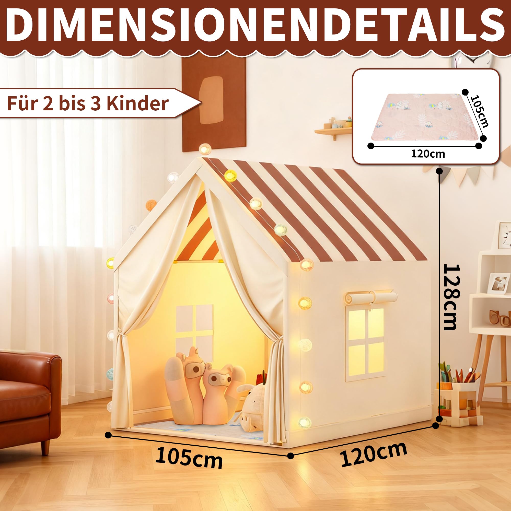 OUUTMEE 2 in 1 Spielzelt mit Matte,Gestreiftes Kinderzelt,Kinder Zelt Indoor Spielhaus Zelt Kinderzimmer Spielhaus für die Inneneinrichtung von Kinderzimmern