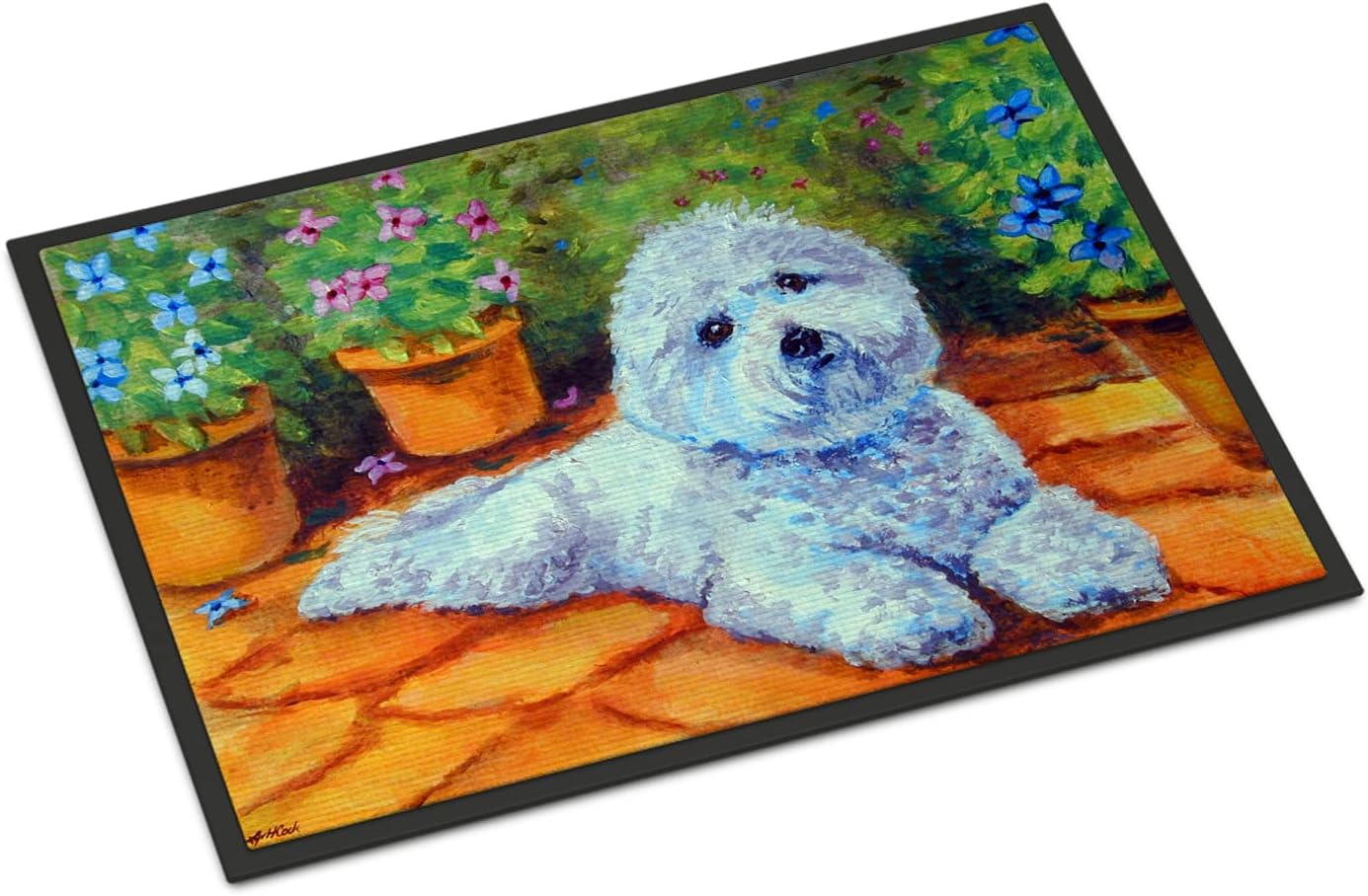 Caroline's Treasures 7346JMAT Bichon Frise on The Patio Doormat 24x36 Front Door Mat Indoor Outdoor Rugs for Entryway, Non Slip Washable Low Pile, 24H X 36W