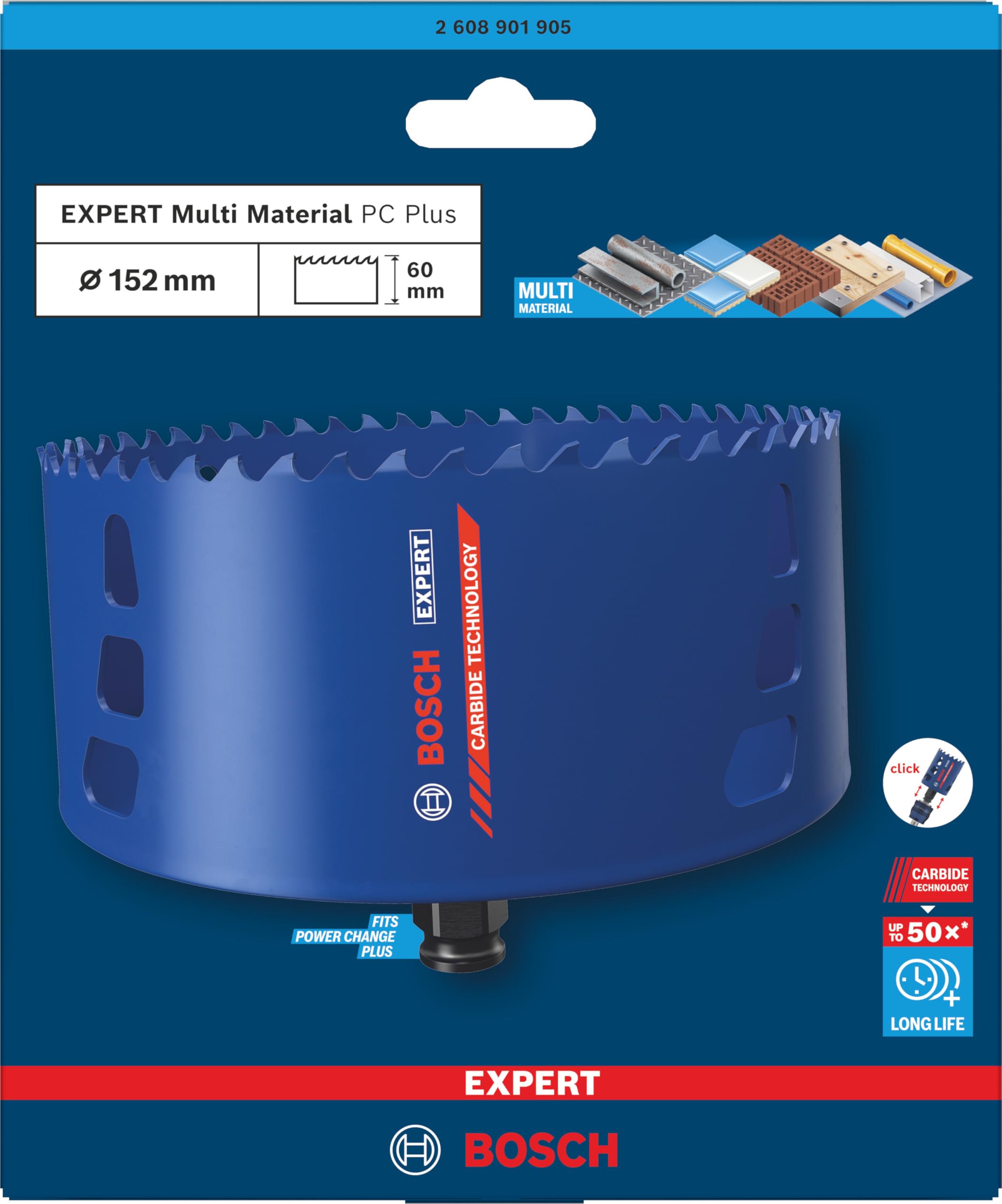 Bosch 1x Sierra de corona EXPERT Multi Material Power Change Plus (para Madera con metal, Ladrillo, Ø 152 mm, Professional Accesorios Taladro)