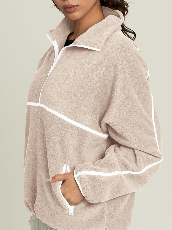 LASLULU Womens Half Zip Pullover Sherpa Fleece Jacket,Khaki,Large image 2