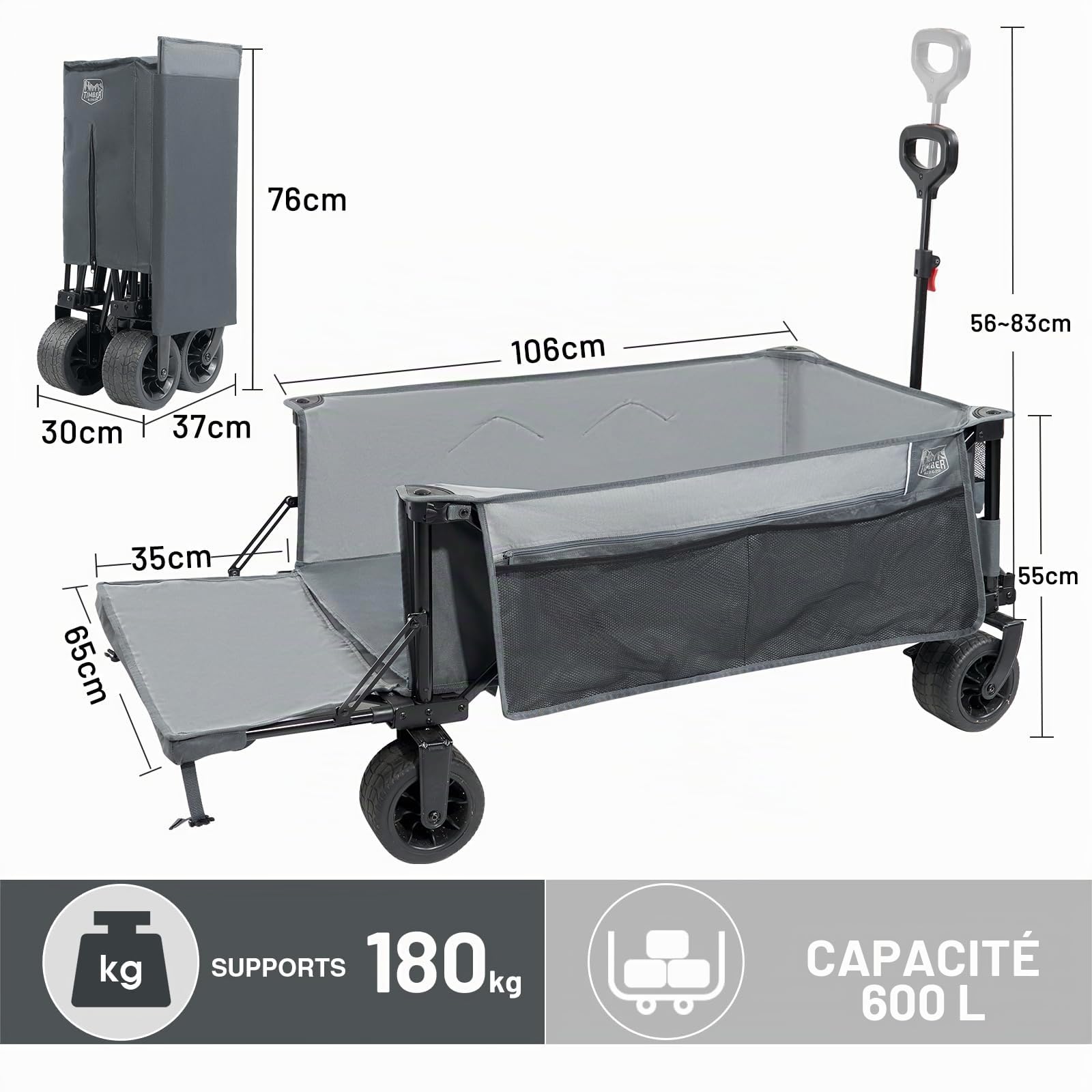 TIMBER RIDGE XXXXL Chariot Pliable avec hayon Pliable 600L Chariot de Plage Grand Roue avec Frein Poche latérale Porte-Boissons Poignée réglable Charette de Transport pour Tous Les terrains