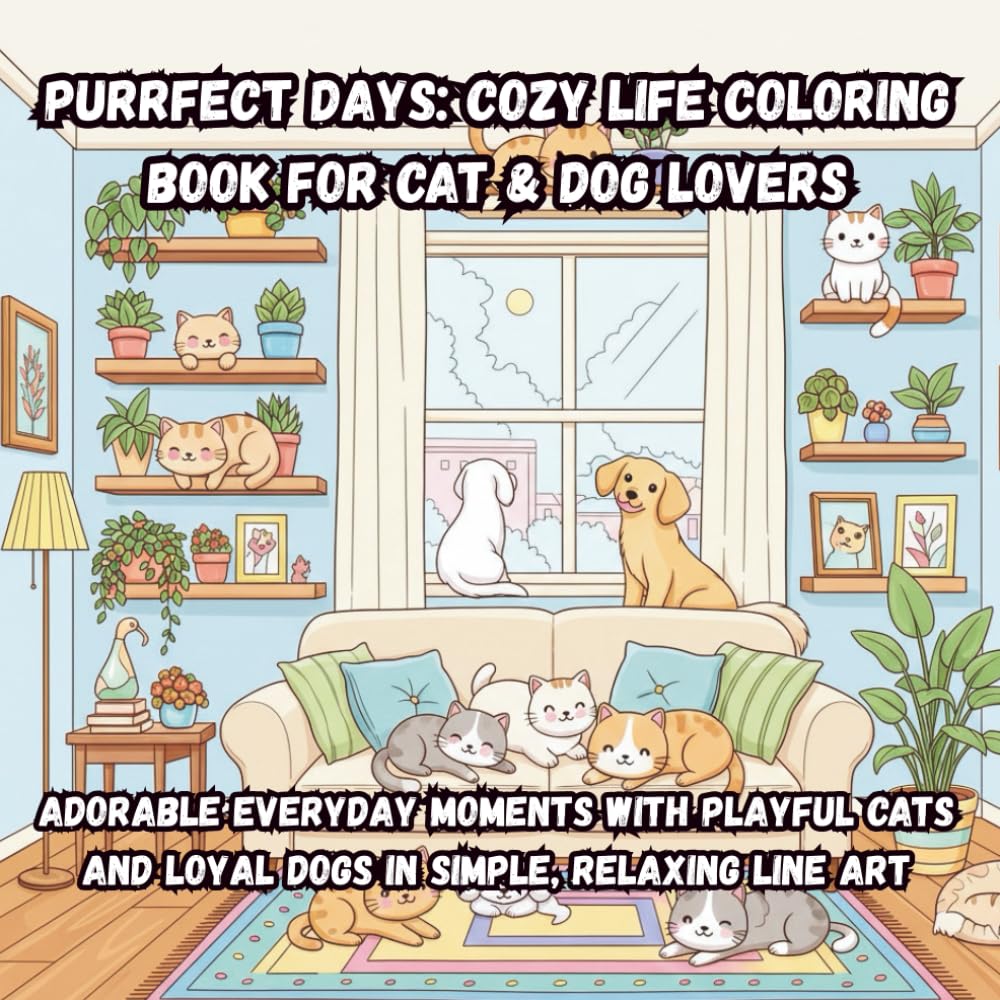 Purrfect Days: Cozy Life Coloring Book for Cat & Dog Lovers: Adorable Everyday Moments with Playful Cats and Loyal Dogs in Simple, Relaxing Line Art