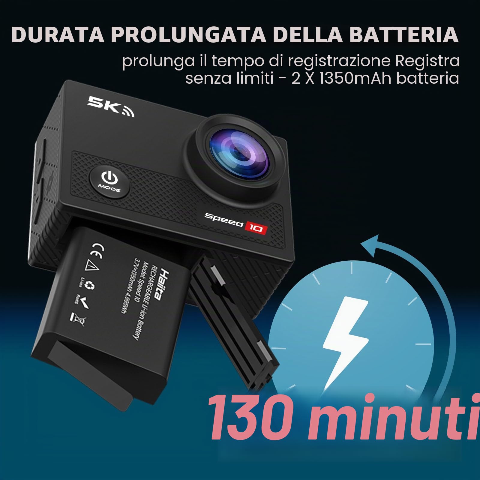 Speed 10 Action Cam,64 GB videocamera sportiva 5K a 30 FPS, 30 MP impermeabile fino a 40 m, Wi-Fi, ultra grandangolo 170°, Action Camera Ice, zoom 5x con telecomando e 2 batterie da 1350 mAh