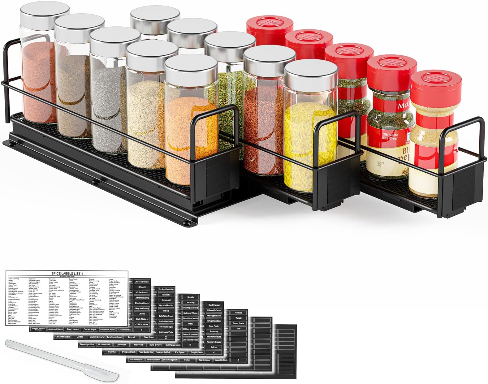 SpaceAid Pull Out Spice Rack Organizer for Cabinet, Heavy Duty Slide Out Seasoning Kitchen Organizer, Cabinet Organizer, with Labels, 7.7" W x10.75 D x4 H, 3 Drawers 1-Tier