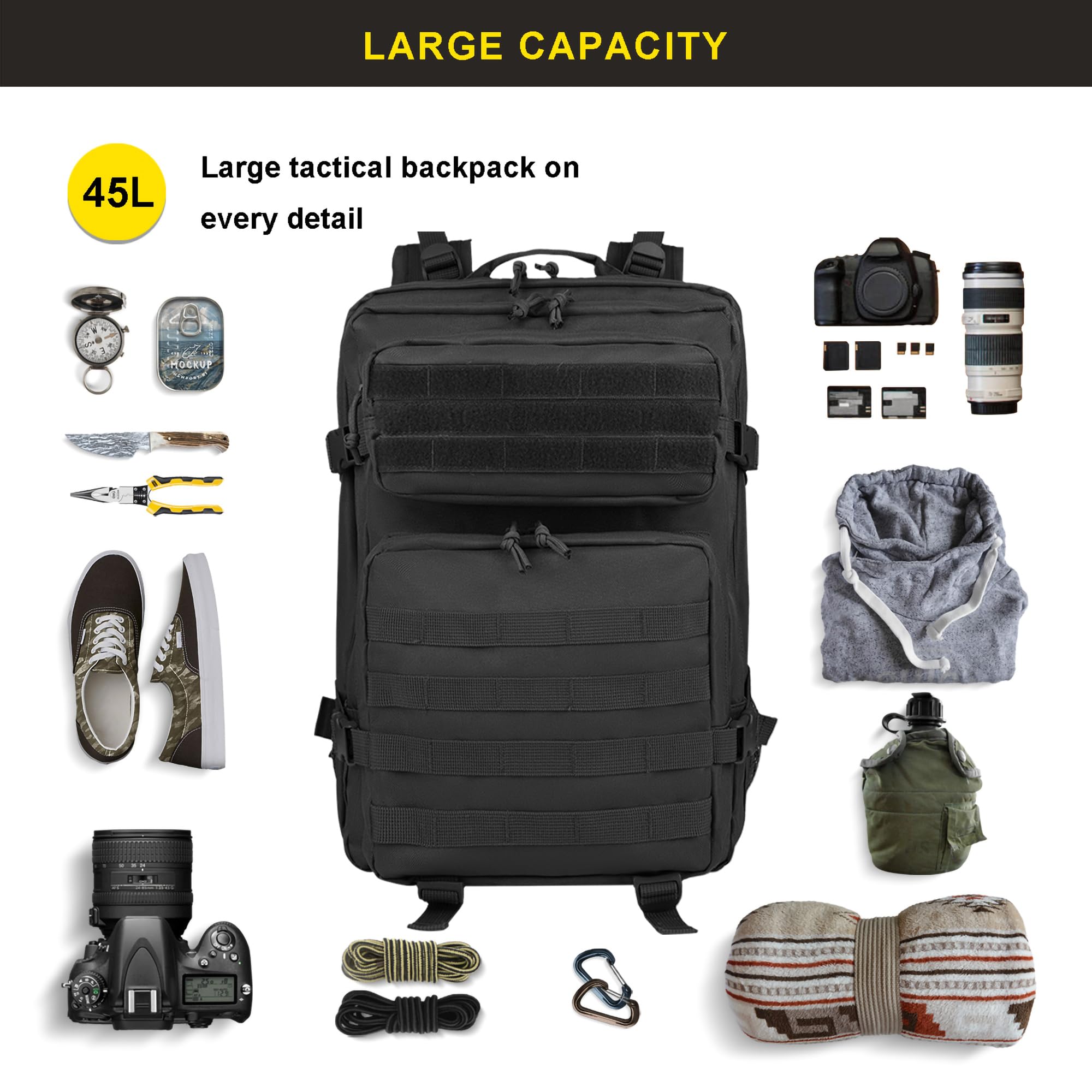 Zavothy, 45 l taktischer Militär-Rucksack für Damen und Herren – großer 3-Tage-Einsatzrucksack mit Molle-System