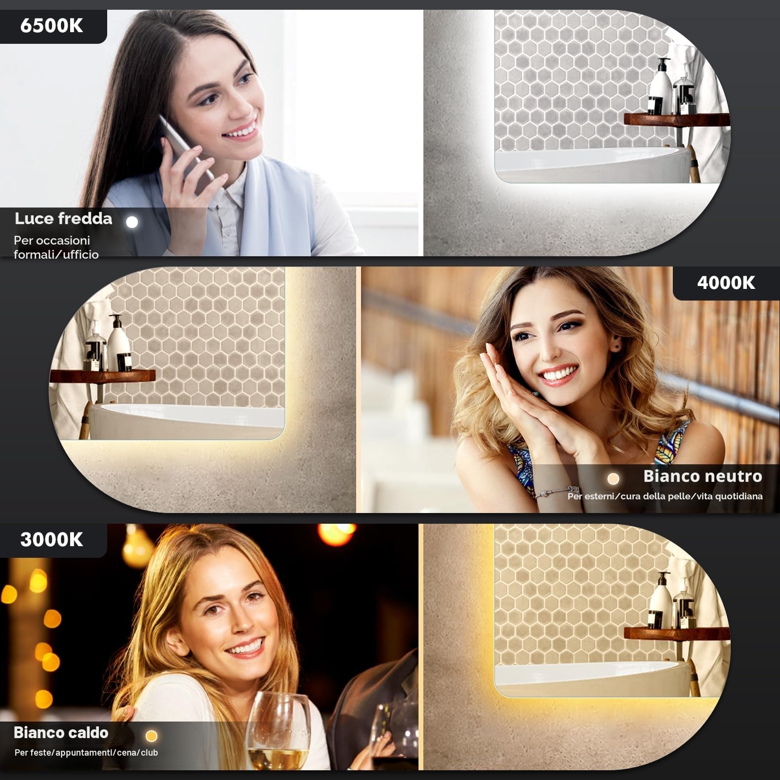 Specchio Bagno con Luce, asimmetrico con illuminazione, 500x700 mm, LED con interruttore touch, anti-appannamento, bianco freddo, 6400K, specchio luminoso a risparmio