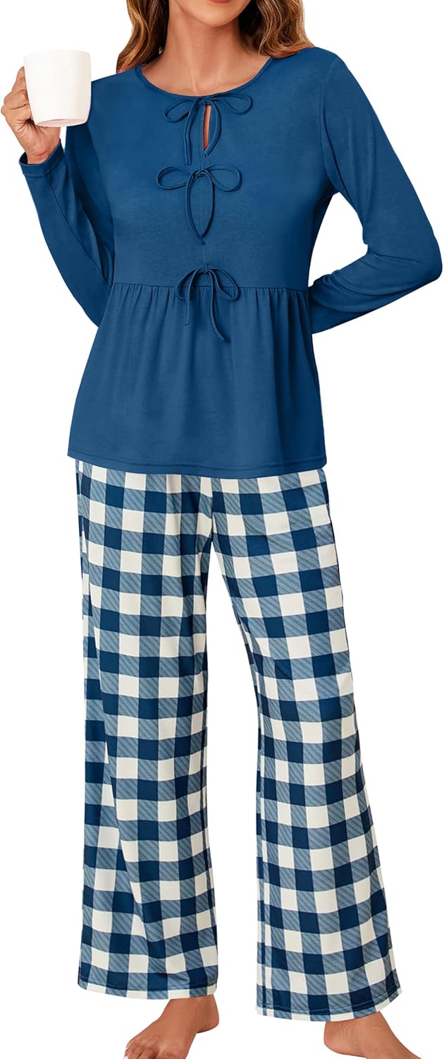 Blooming Jelly Womens 2 Piece Pajama Sets Bow Knot Lounge Sets Outfits Soft Pj Sets Pockets Plaid Pants and Peplum top Medium Dark Blue