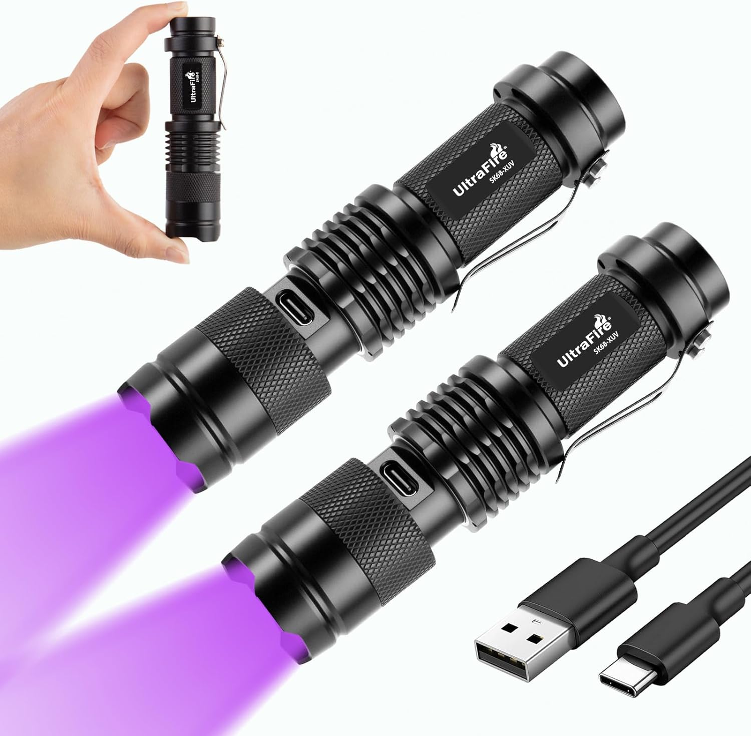 ULTRAFIRE 395nm UV Flashlight Rechargeable, Portable Mini Black Light, Focusable UV Detector for Pet Urine, Scorpions, Stains, Resin Curing, USB-C, 2 Pack