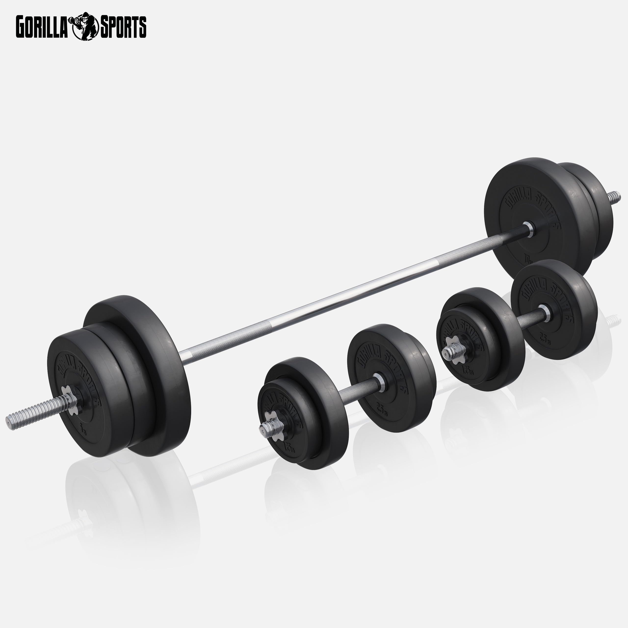 GORILLA SPORTS® Banco de Pesas con Pesas | Barra de Pesas de 170 cm, Juego de Pesas de 40/70/100 kg, Curler de Piernas, Mariposa, Estación de Inmersión