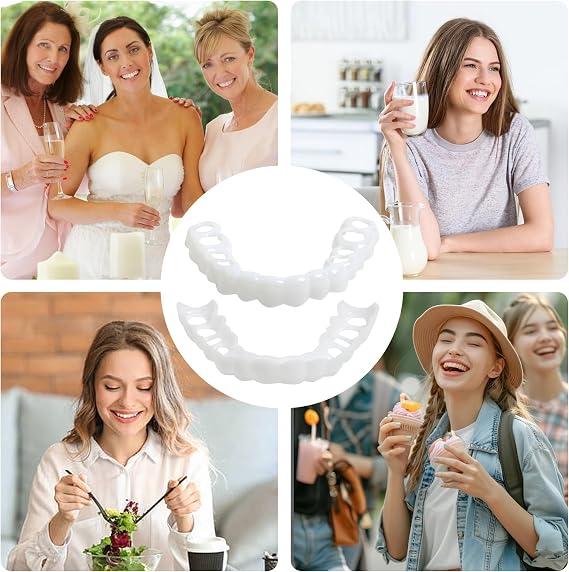2 Pairs Snap on Veneers Dentures Fake Teeth, Temporary Veneers Teeth Top and Bottom Set, False Teeth Clip in Veneers Kit Comfortable Dentures for Men and Women Regain Confident Smile