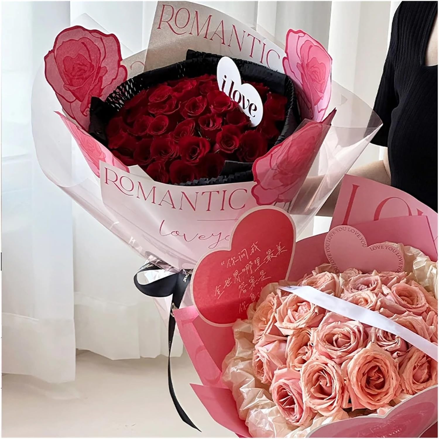 SFCHEN Valentine'S Day Heartbeat Rose Flower Wrapping Paper Art Sweets Aesthetics Supplies DIY Craft Korean Wrapping Paper For Flowers(Pink - Heart)
