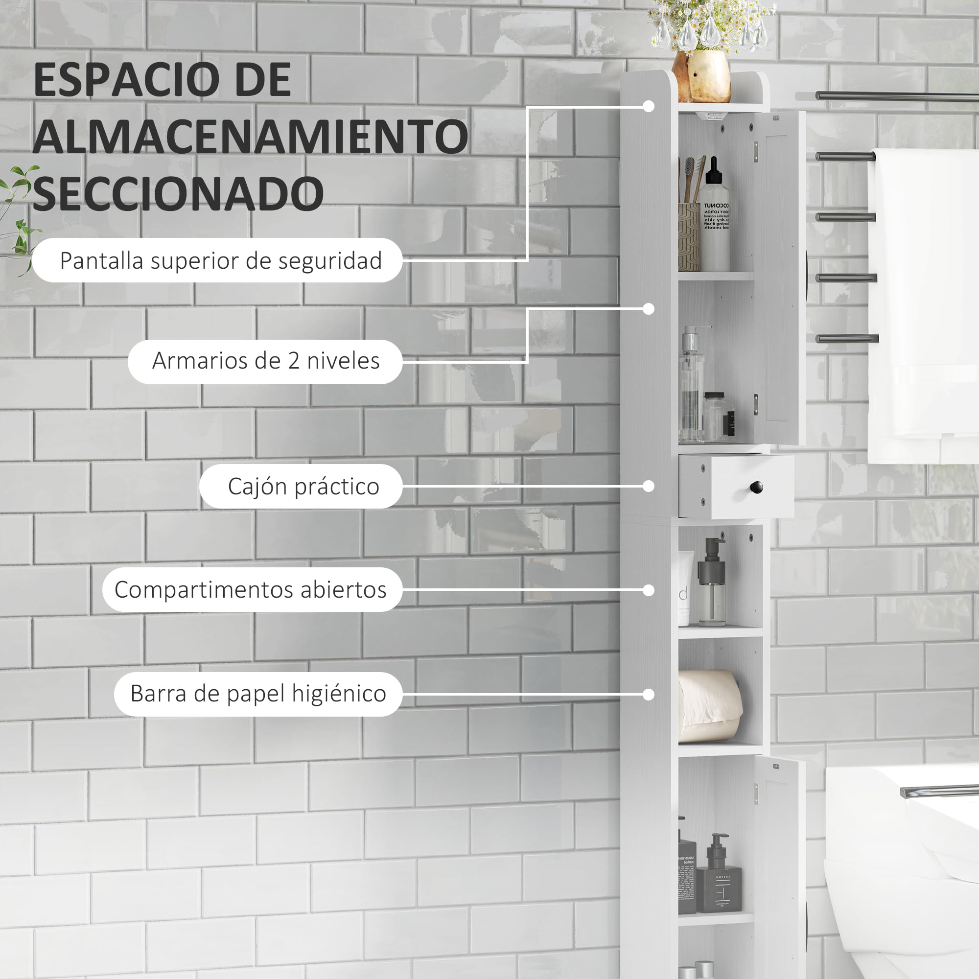 HOMCOM Columna de Baño Estrecha con 2 Puertas Armario Alto de Baño Rústico con Cajón Compartimento Abierto Estantes Ajustables y Portarrollos 20x20x185 cm Blanco