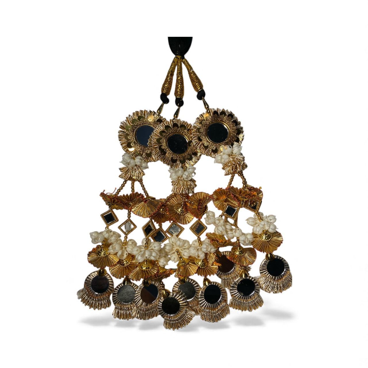 Traditional Punjabi Paranda Hair Accessory, Golden Crystal with Golden Lace, 3 Meter Latkans-image-17