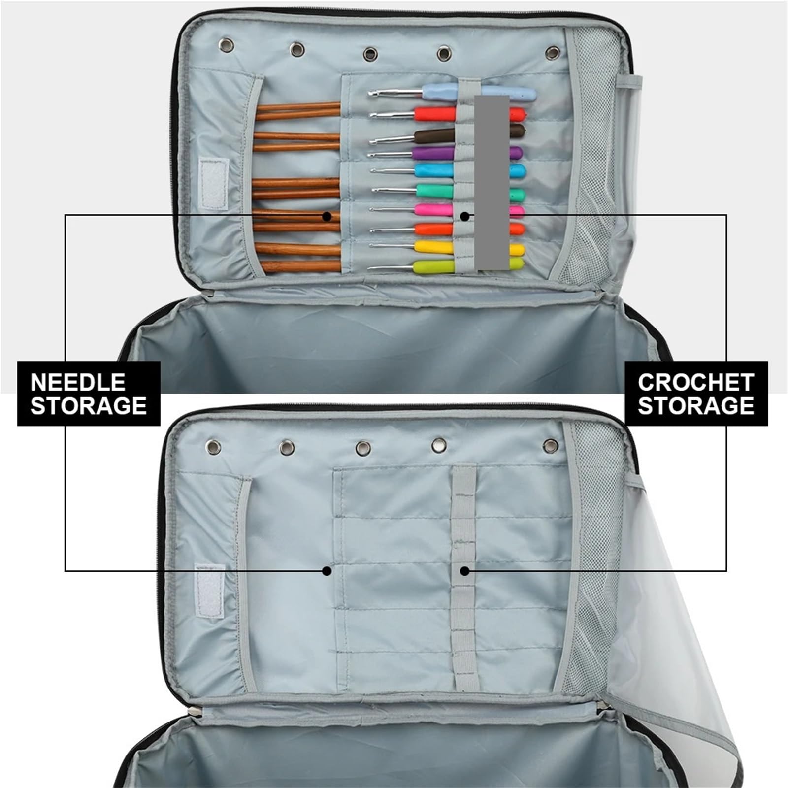 Bolsa de hilo, bolsa de almacenamiento for lanas Visible con correa for el hombro, bolso de mano tejido de tela Oxford, ganchos de tejer impermeables, bolsas(Gray)