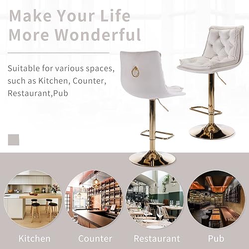 Miniatura 7 de Homtique Morden - Juego de 2 taburetes de bar giratorios ajustables tapizados de terciopelo con anillo de tirón, sillas de isla de cocina sin