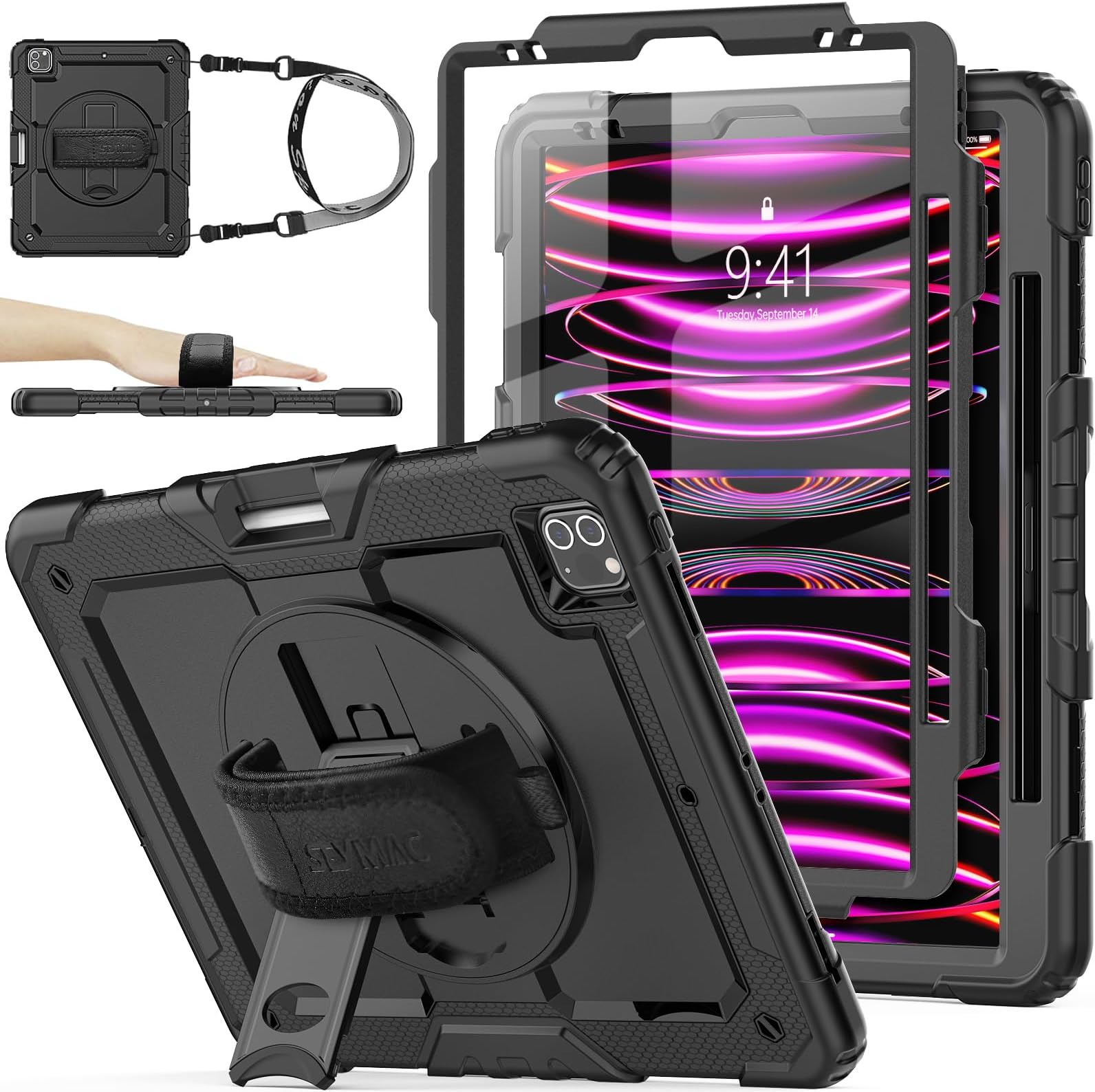 SEYMAC stock Case for iPad Pro 12.9'' 2022/2021/2020/2018 with Screen Protector 360 Rotating Stand Hand Strap, Drop-Proof Case for iPad Pro 12.9''(6th/5th/4th/3rd Generation), Black