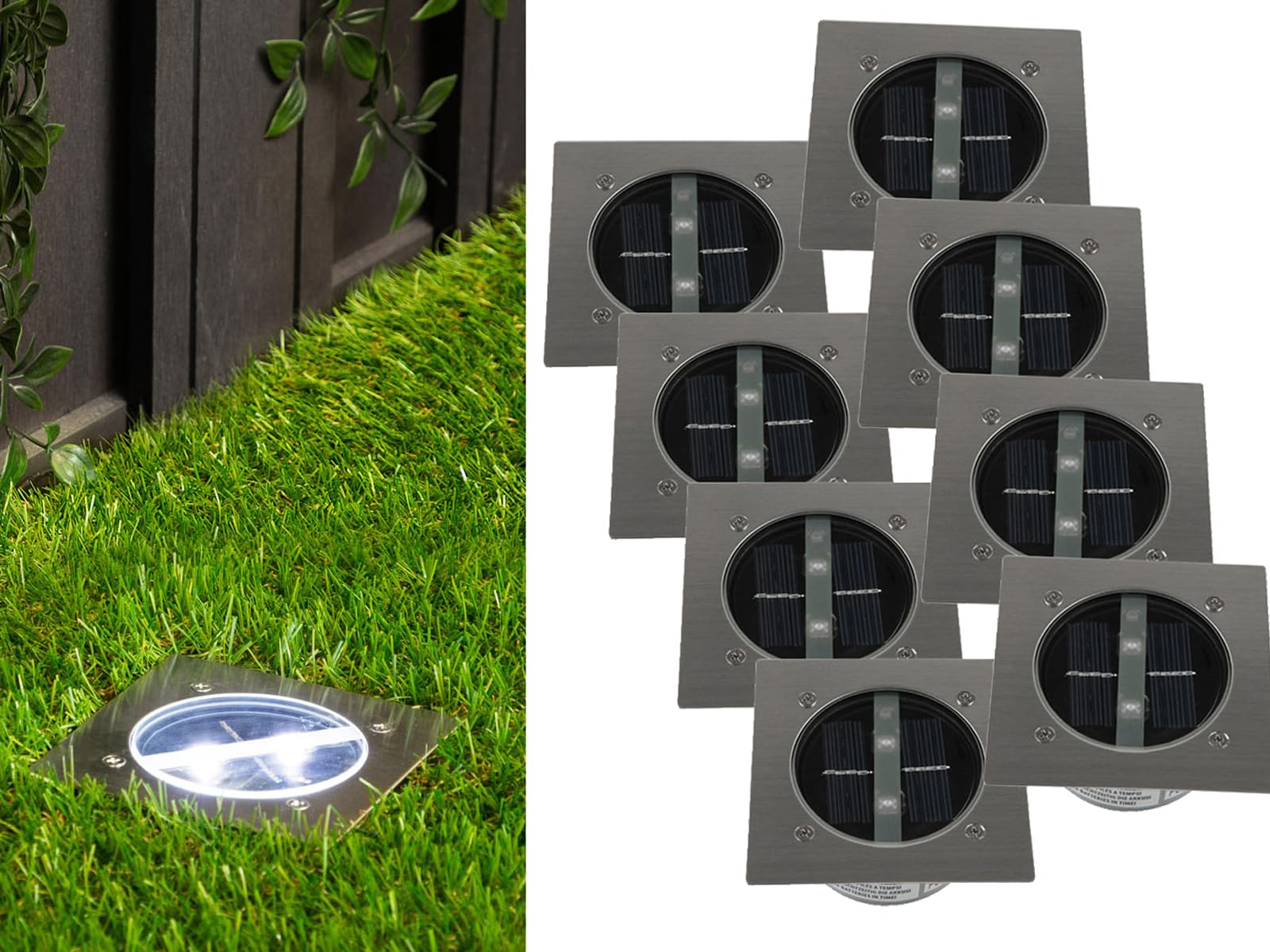 Set da 8 Faretti a LED solari da incasso a terra rettangolari “Carlo”, Acciaio Inox, Vetro, IP44; 5000.198