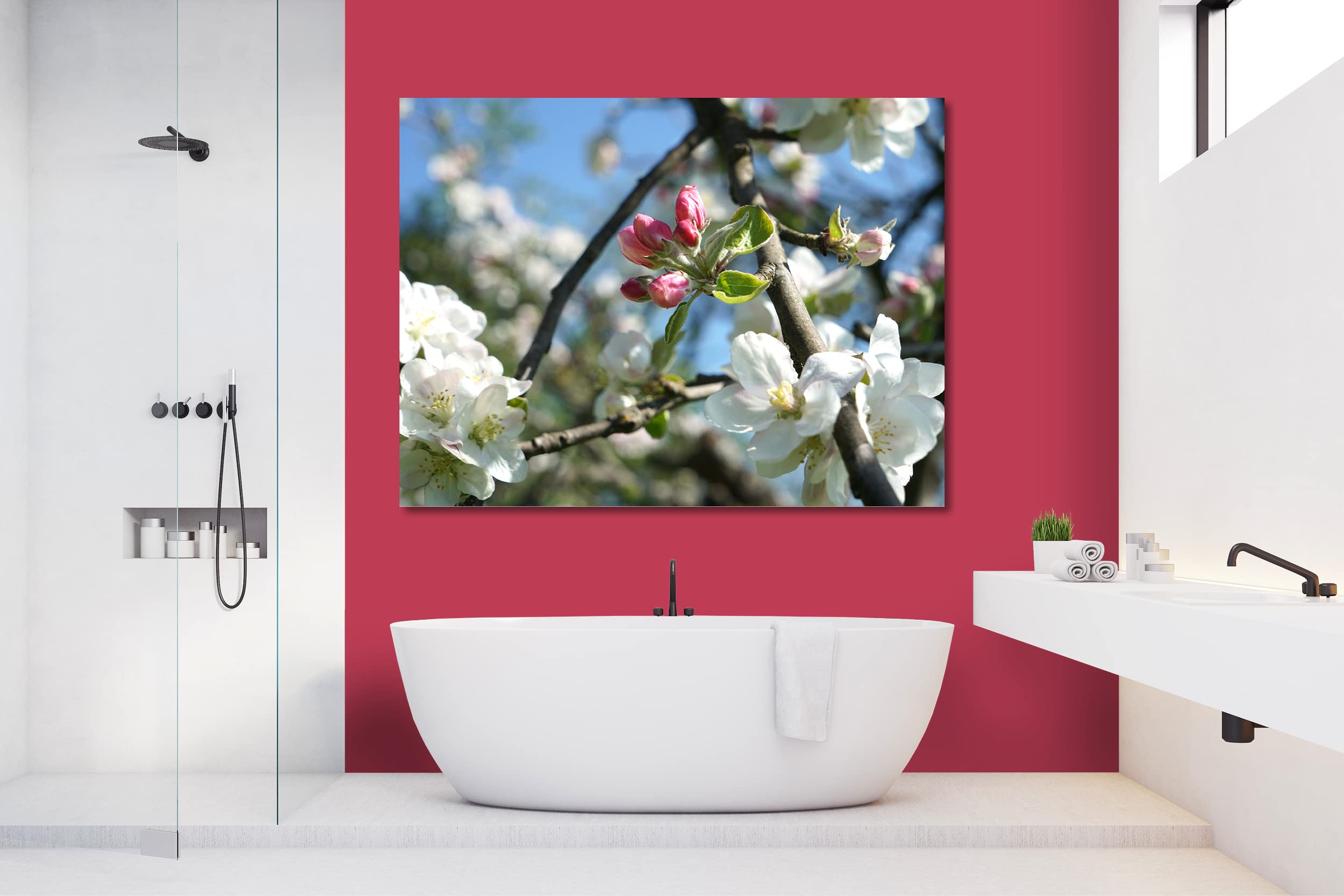 Glücksvilla - Fioritura dei meli 4 (tela 2 cm, 160 x 120 cm) | varie misure - quadro murale orizzontale - giardino fiori fioritura pianta natura botanica albero ramo ciliegia