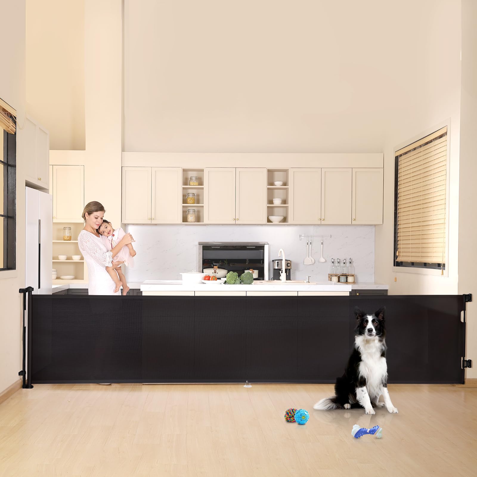150 Inches Extra Wide Retractable Baby Gates, Baby Gates for Large Openings, Stairs, Hallways and Doorways, Dog Gates for The House Extra Large, Pet Gates for Dogs, Indoor/Outdoor Use, Black