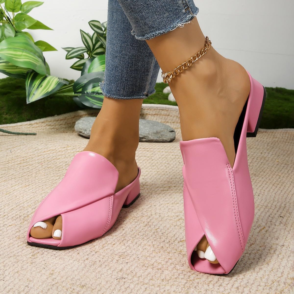 Sandalias elegantes y cómodas de color sólido para mujer, versátiles, para vacaciones, de piel, cuadradas, puntera abierta, tacón bajo