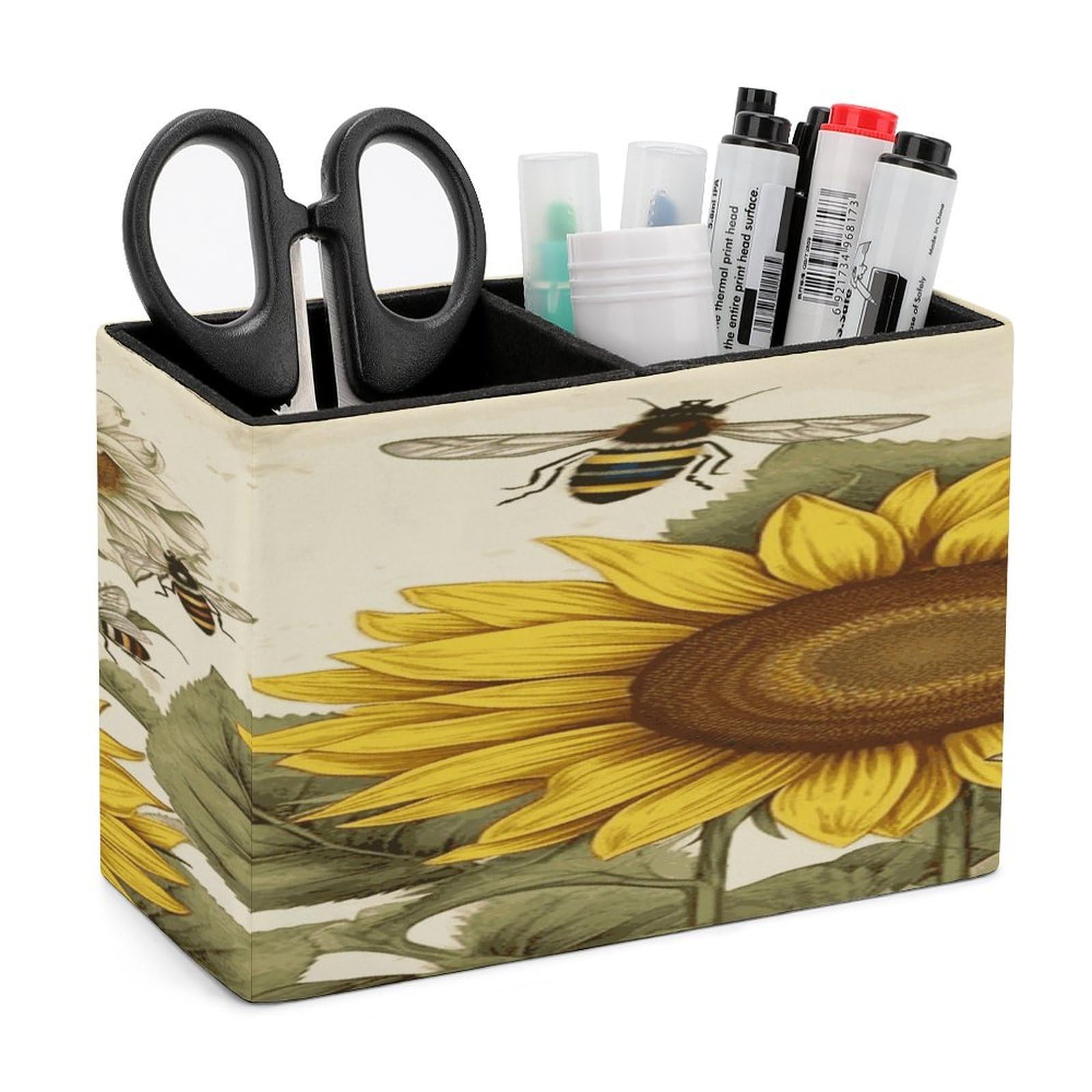 JTREHY Bees Sunflowers Daisy Rose Flowers Pencil Holder Exquisite Fashion Leather Pen Receptacle Soft High-End Pen Container for Office Home Accessories Or Housewarming Present