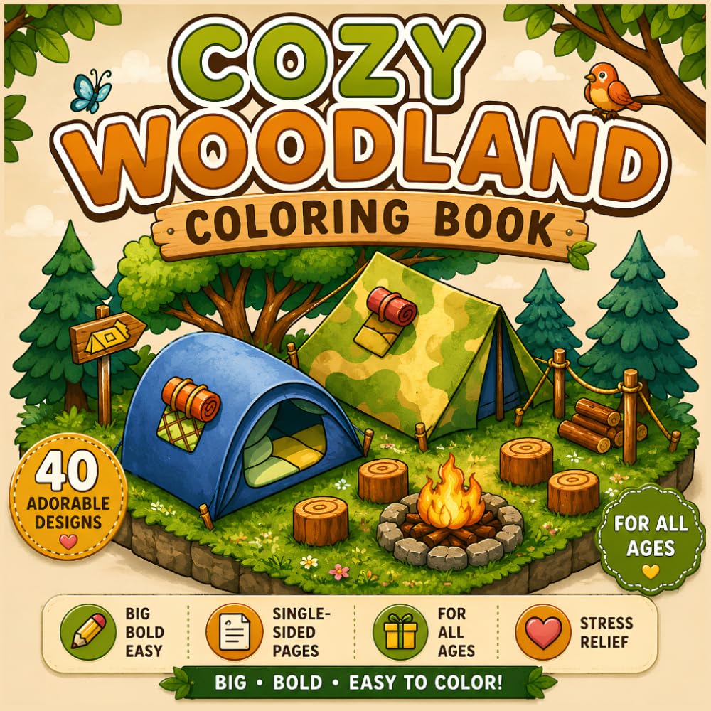 Cozy Woodland Adventures Coloring Book: Hygge, Calm Camping, and Nature Scenes for Adults and Teens (Easy Strokes)