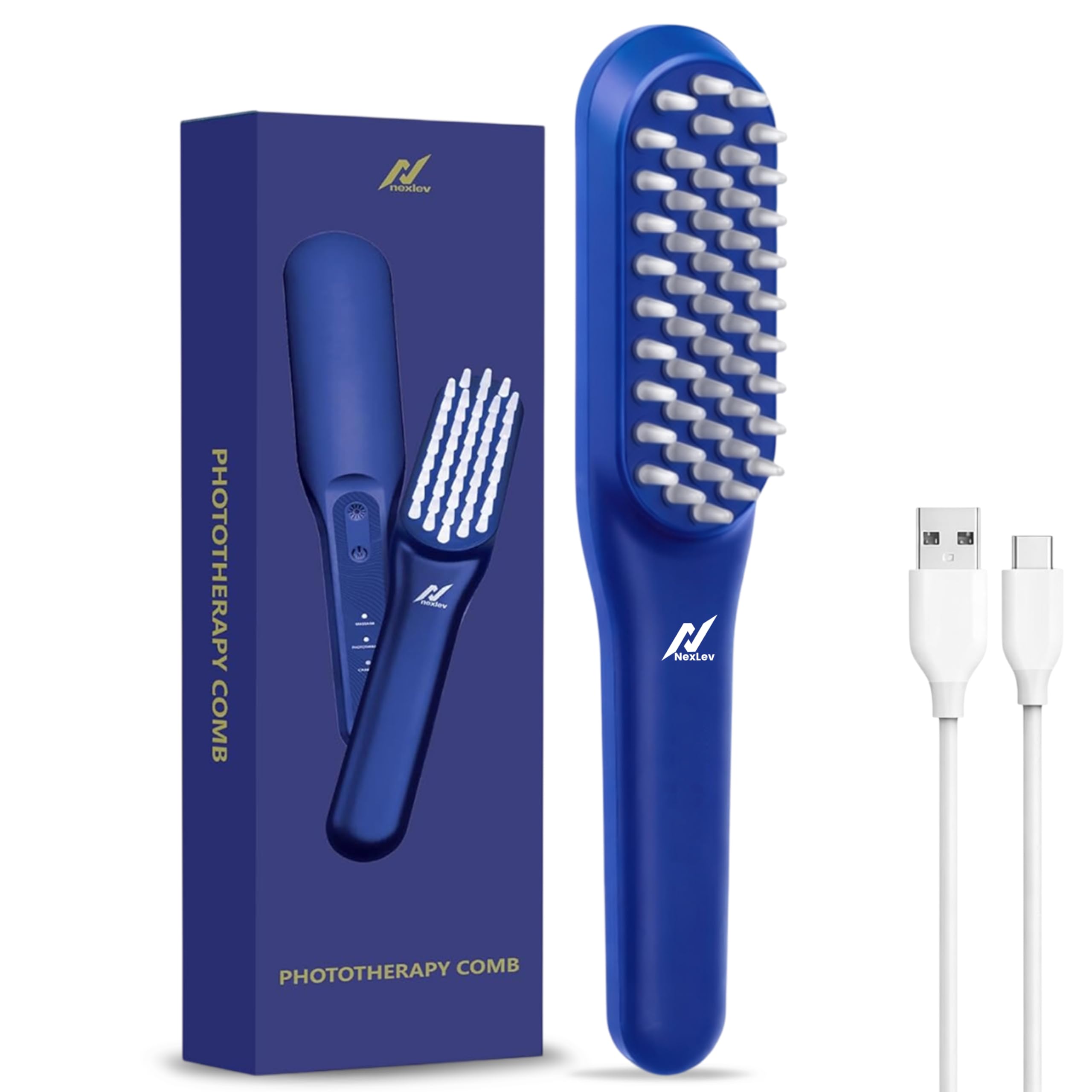 NexLev LED Phototherapy comb | Electric Scalp Massager | Red Light for Regrowth | Blue Light for Anti Dandruff | Hairfall Control | Rechargeable TypeC | Targeted Laser Treatment Machine |3 Modes |LE