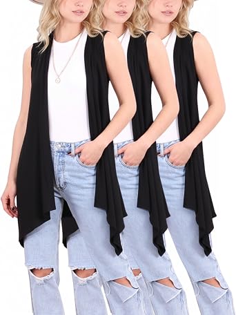 Popana Sleeveless Cardigans for Women, Flowy Dressy Open-Front Sleeveless Cardigan Vest Womens Long Sweater, 3-Pack