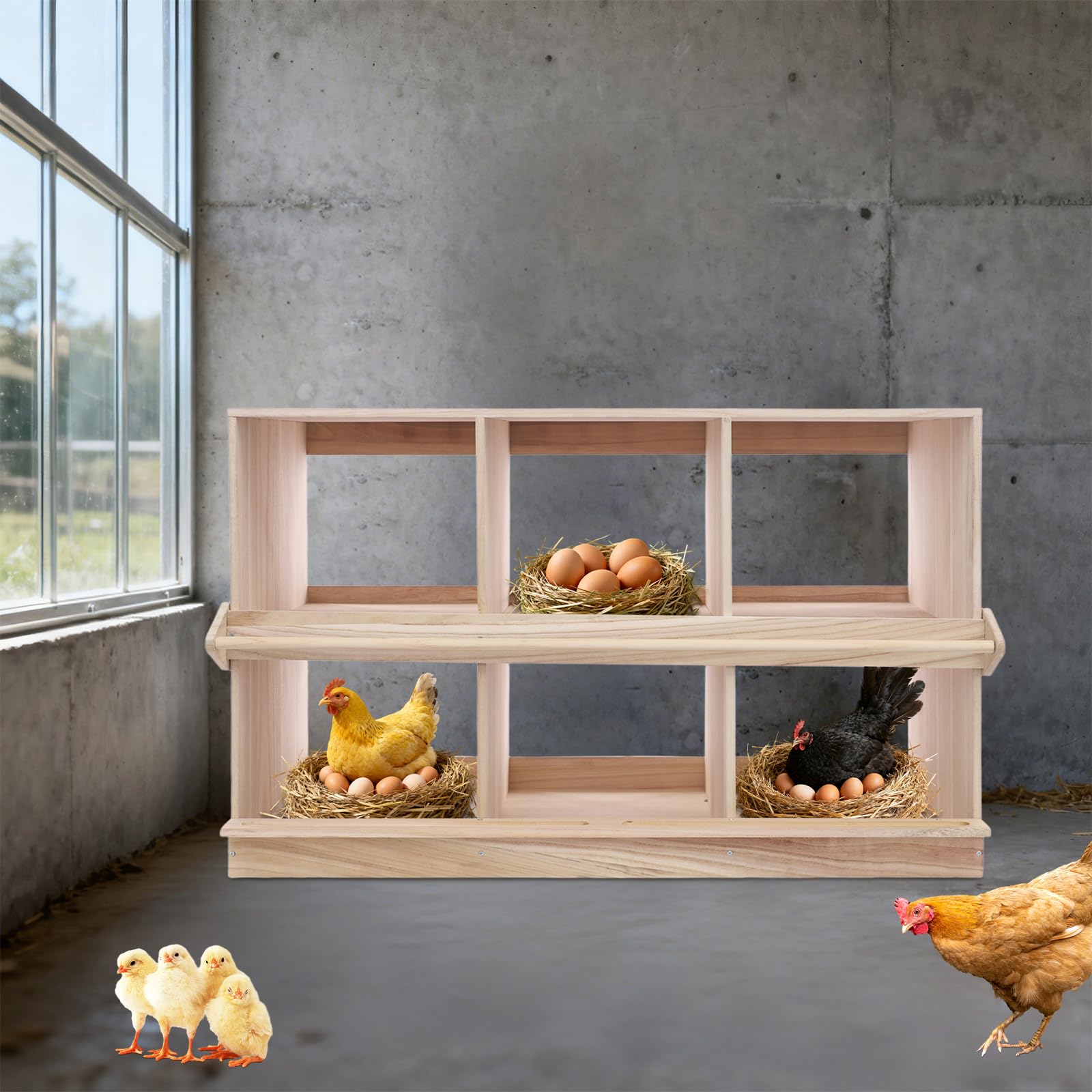 Jaula para gallinas, 6 compartimentos, madera, 94 x 44 x 58 cm, nido para pollos, codornices, patos, palomas