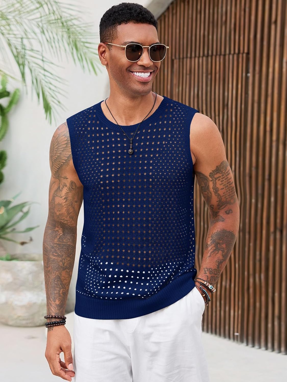 Runcati Mens Knit Sleeveless Tank Tops Casual Hollow Out T Shirts Beach Summer See Through Tops - Image 2