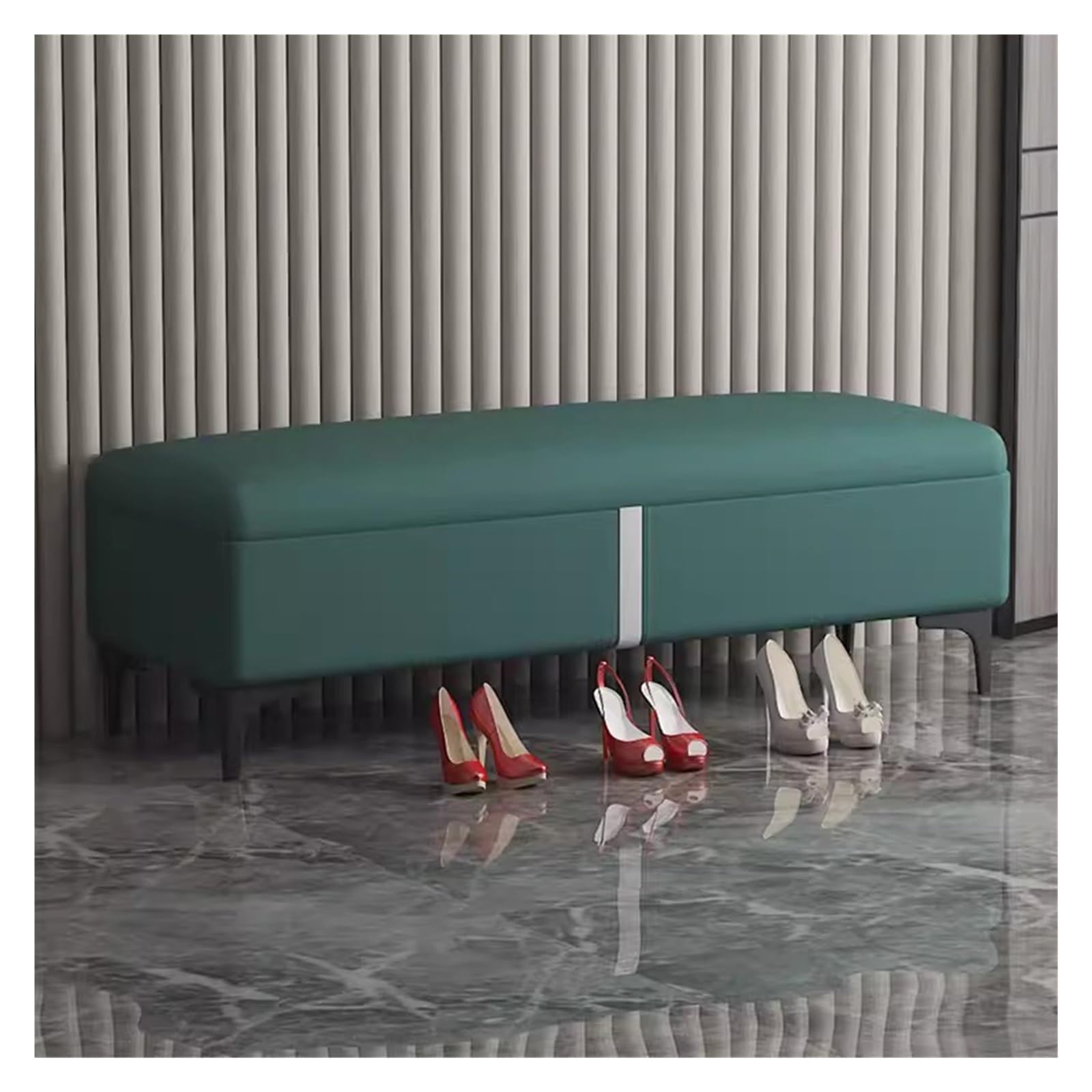 Banc de rangement rectangulaire en tissu vert au design contemporain