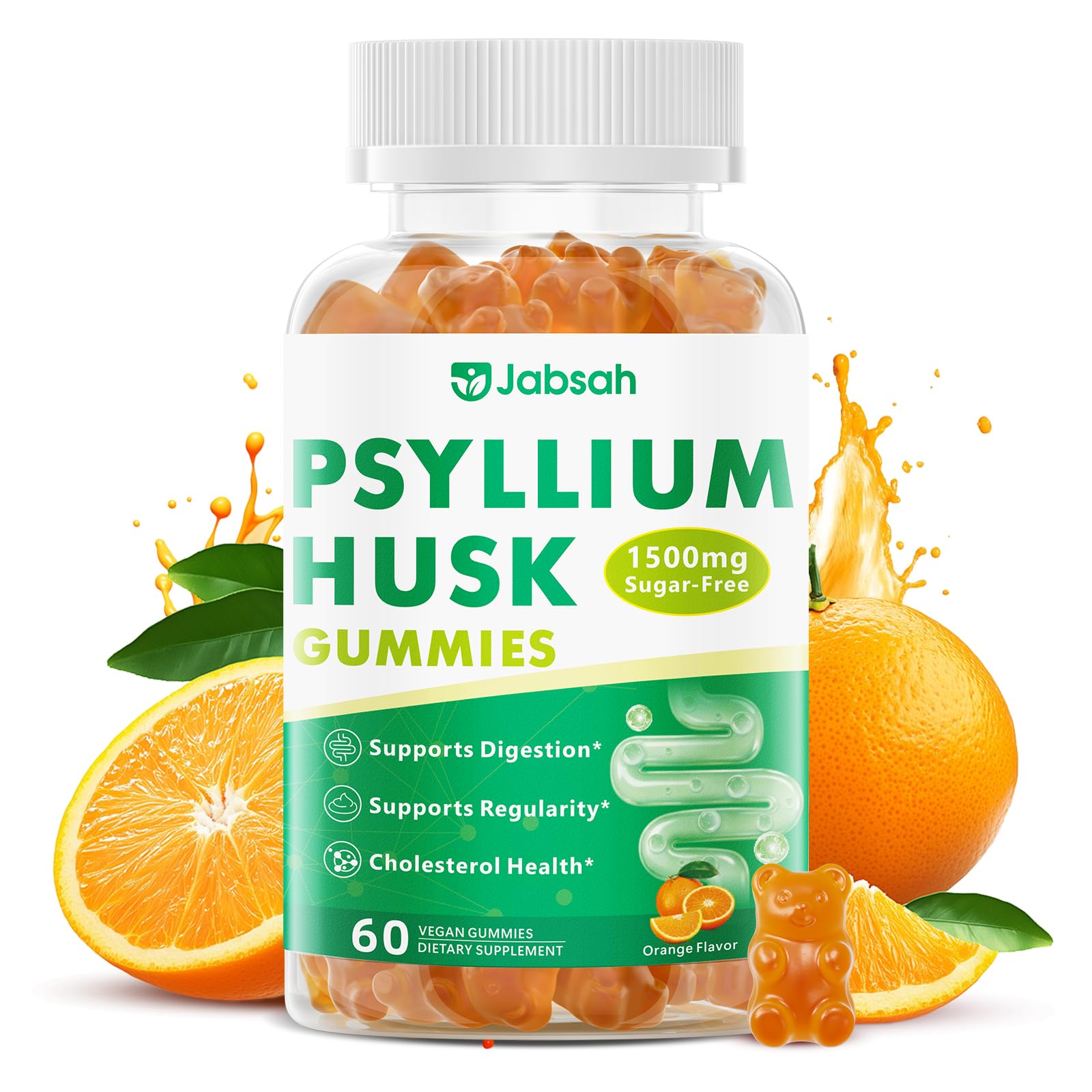 Psyllium Husk Gummies, 1500mg Psyllium Husk Fiber Supplement for Adults, Natural Digestive Support, Regularity & Bloating Relief, Orange Flavor, Sugar Free, 60 Count