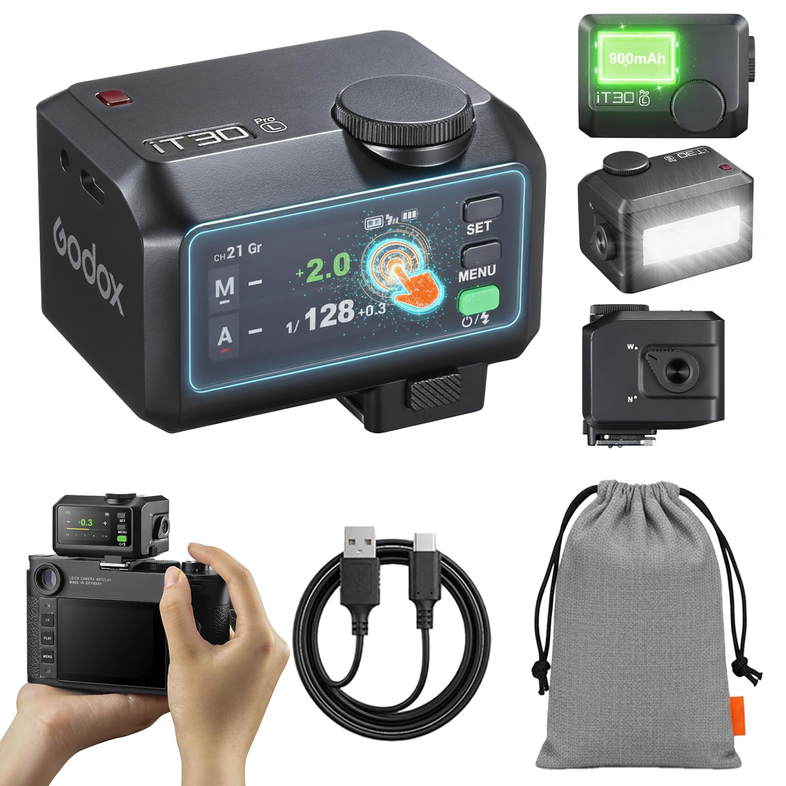 Godox iT30Pro-L TTL Mini Kamerablitz für Leica, GN15, 560 Vollleistungsblitze, 1,5 s Recycling, HSS 1/8000 s, 2,4G X Sender/Empfänger, Touchscreen, USB-C, für Reise Street Portrait
