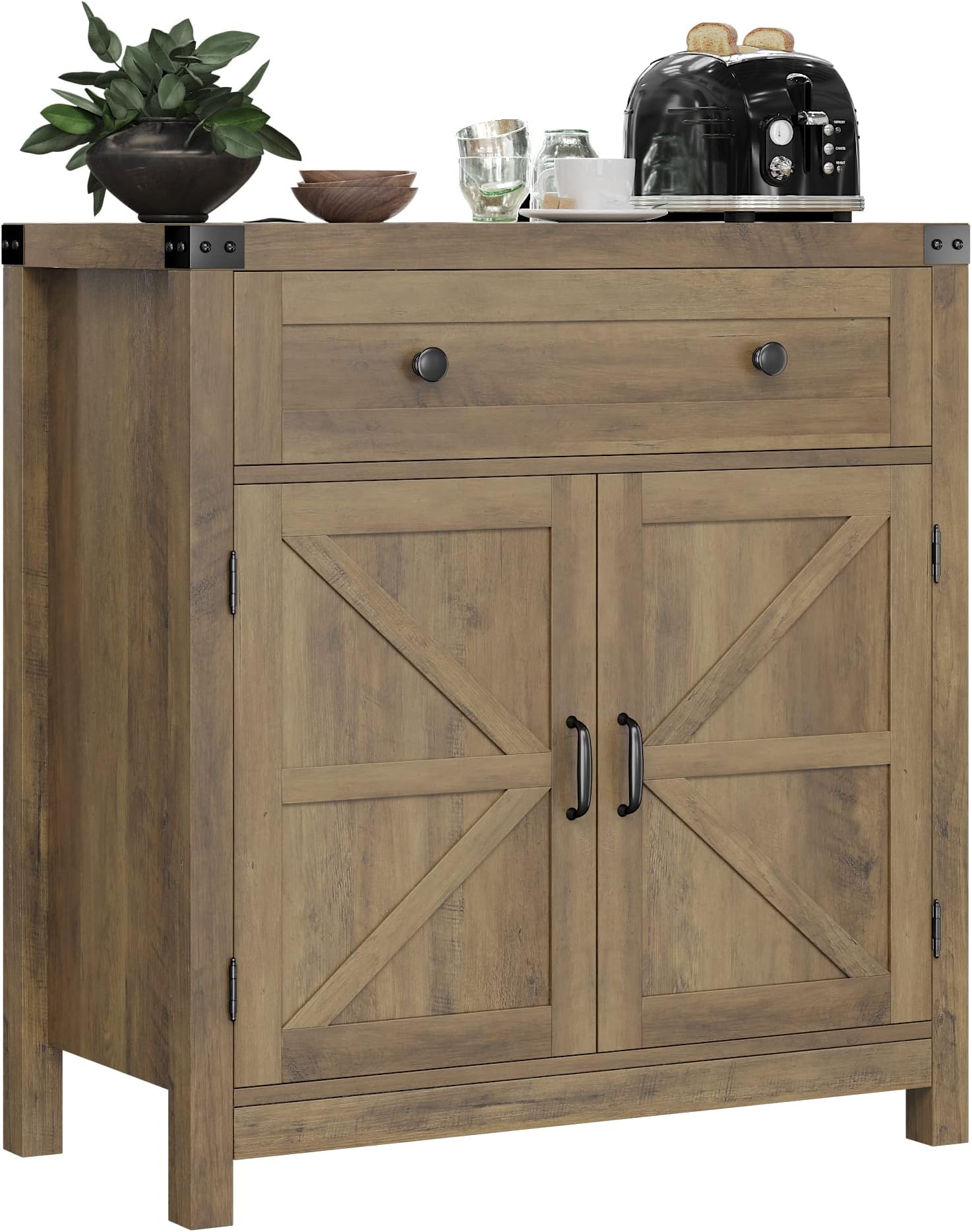 HOSTACK Kitchen Storage Cabinet, Modern Farmhouse Buffet Sideboard with Drawer and Adjustable Shelf, Barn Door Coffee Bar Cabinet for Kitchen, Dining Room, Entryway, Bathroom, Rustic Brown