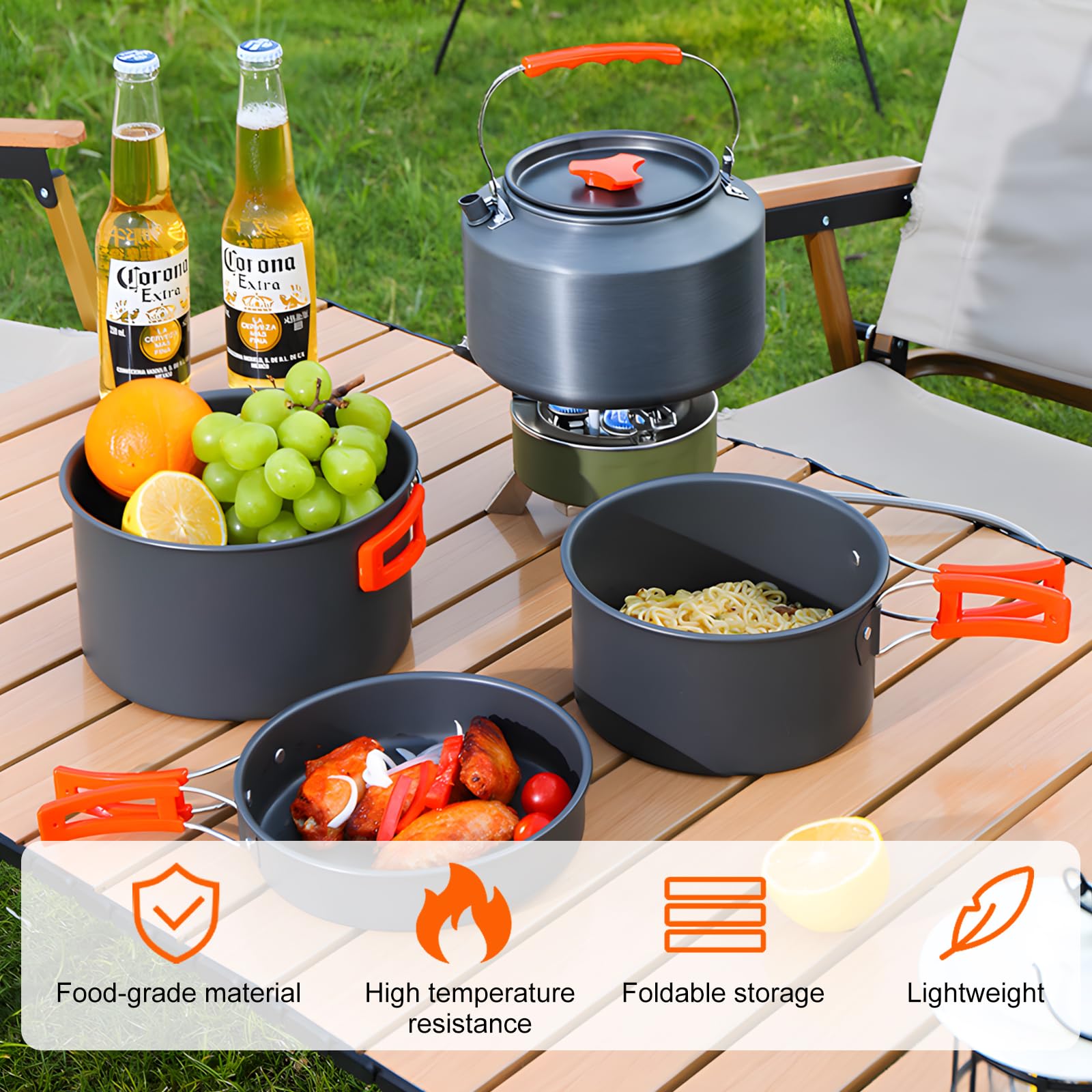 Camping Kochgeschirr Set, 10-teiliges Outdoor Geschirr Set, Kochtopf Set mit Camping Topf, Camping Bratpfanne und Teekannen für 3-5 Personen für Outdoor Kochen Wandern Picknick BBQ