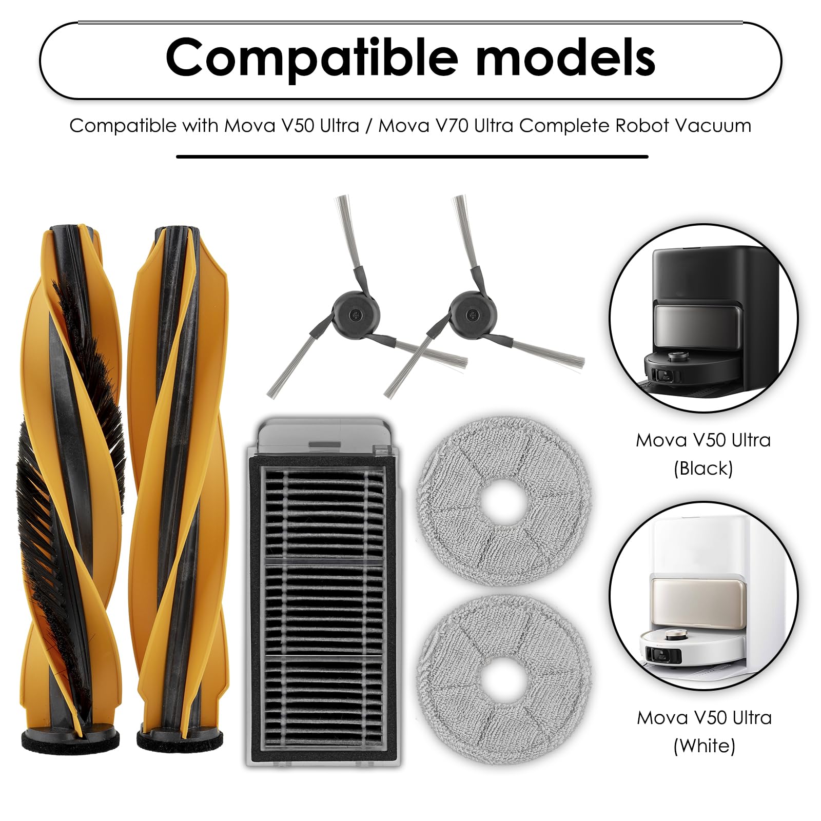 Confezione da 16 pezzi di ricambio V70 Ultra compatibili con robot aspirapolvere Mova V50 Ultra Complete, 2 spazzole a rullo, 6 cuscinetti per mocio, 4 filtri HEPA, 4 spazzole laterali