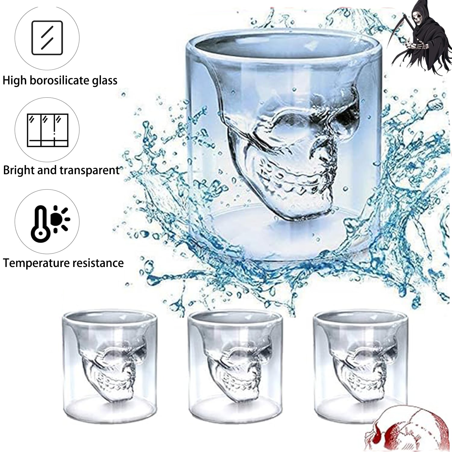 4 Pezzi 75 ml Bicchieri Da Liquore a Forma Di Teschio, Bicchieri Teschio, Tazze Da Caffè a Forma Di Cranio, Vetro Borosilicato Ad Alto Contenuto Di Boro, Trasparente, per Vino, Vodka, Feste, Domestico