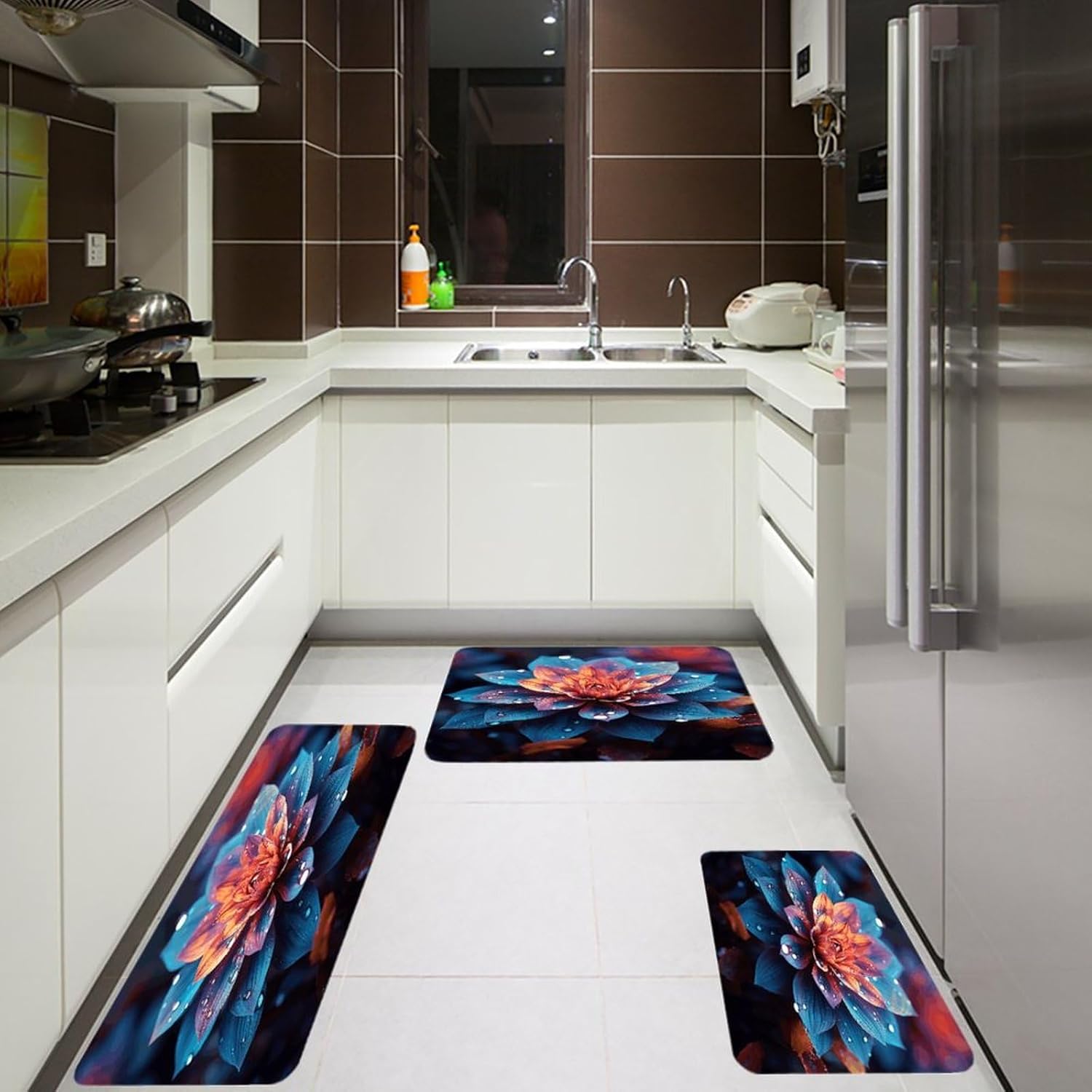 Beautiful Color Flower Kitchen Rugs Set of 3 Non Slip Washable Kitchen Mats for Floor Soft Area Rug Kitchen Floor Mat Cushioned Anti Fatigue Mats Standing Sink Mat Decor Runner Rugs