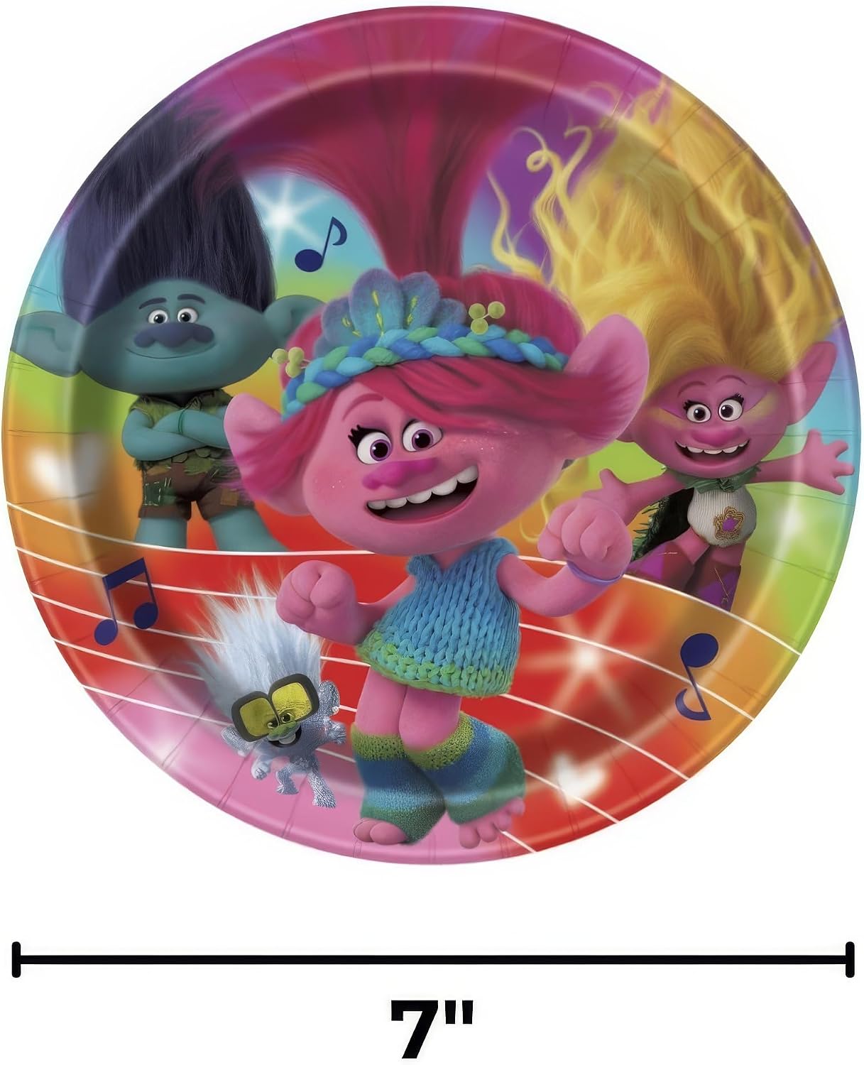 Multicolor Trolls Round Paper Dessert Plates - 7" (Pack of 8) - Vibrant Trolls Character Design, Ideal for Kids' Birthday Parties, and Themed Celebrations