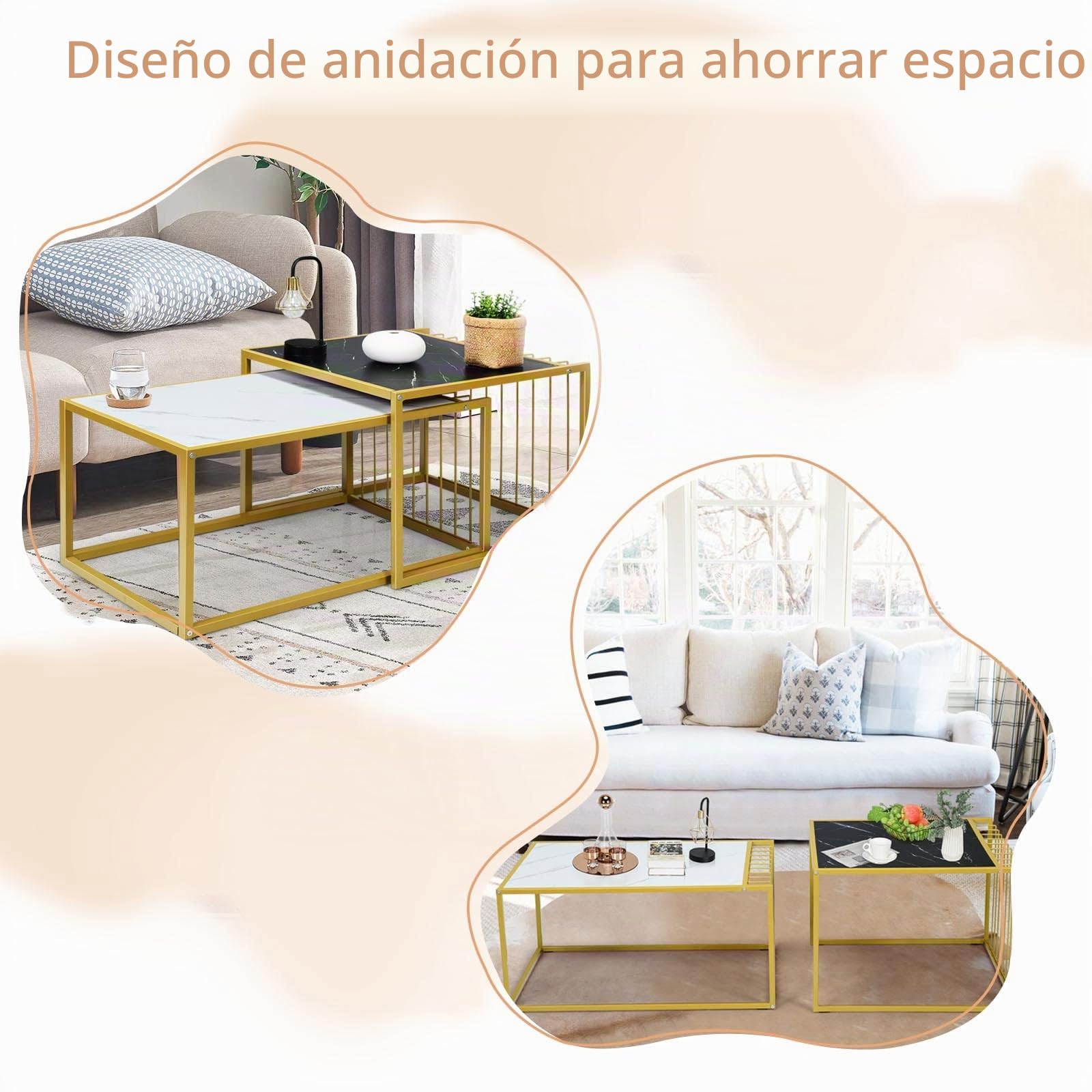 LIFEZEAL Juego de 2 mesas de café Nido con Aspecto de mármol | Mesas auxiliares rectangulares con marco de acero dorado para salón y oficina