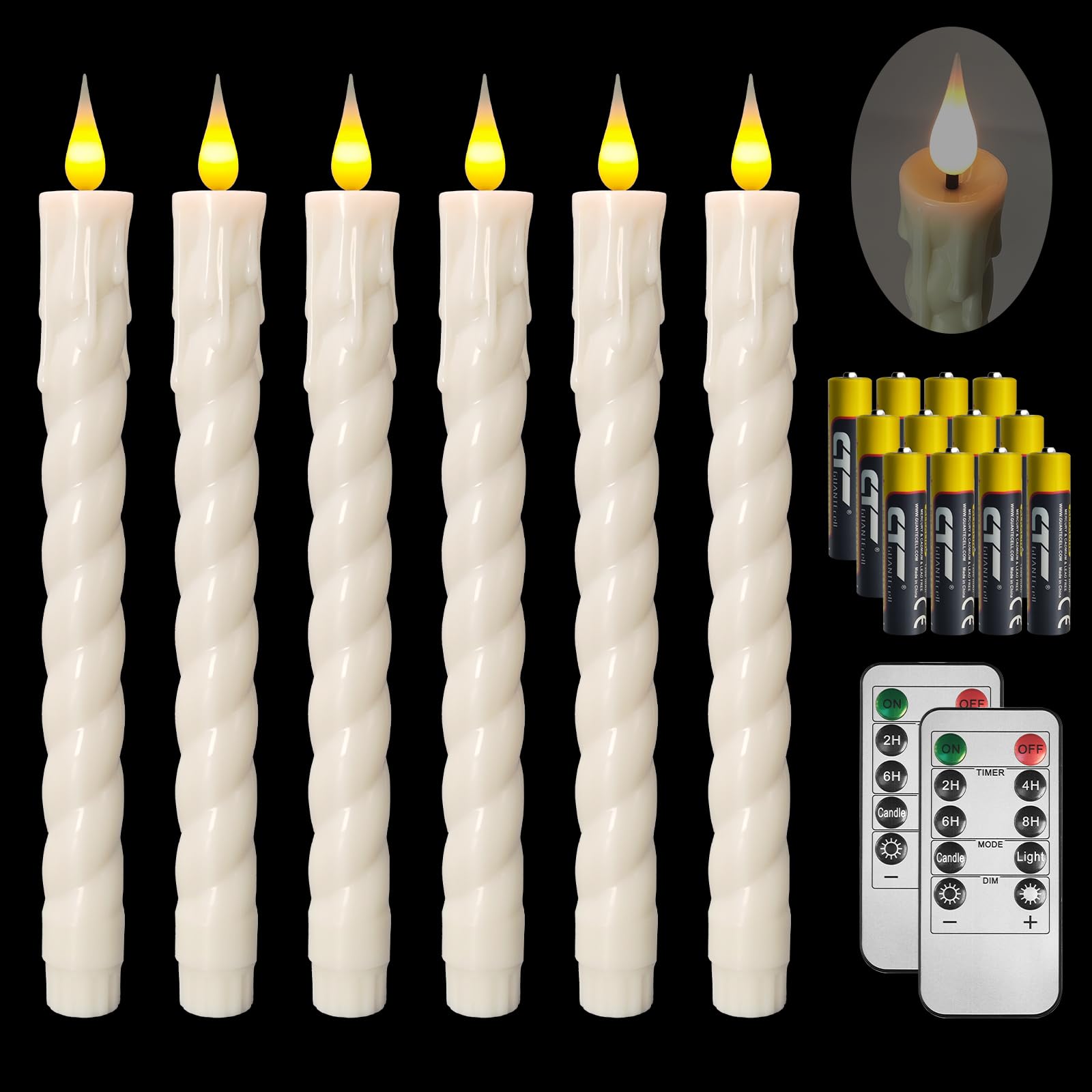 ODTRAM Flameless Taper Candles with Remote,Timer, Dimmer,9.7 Inch Ivory 6 Pack LED Candlesticks,Realistic Wax Drip,Taper Candles Battery Operated