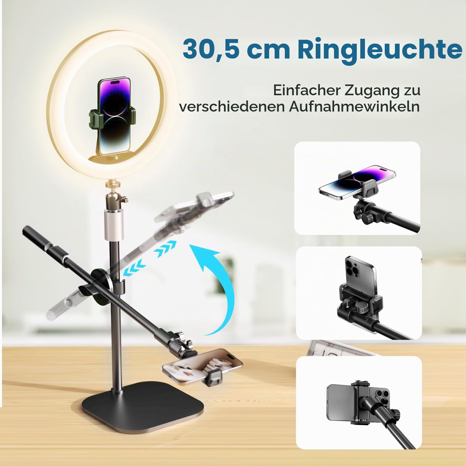 UBeesize 12" Ringlicht mit Stativ, 360° Schreibtisch Beleuchtung Licht