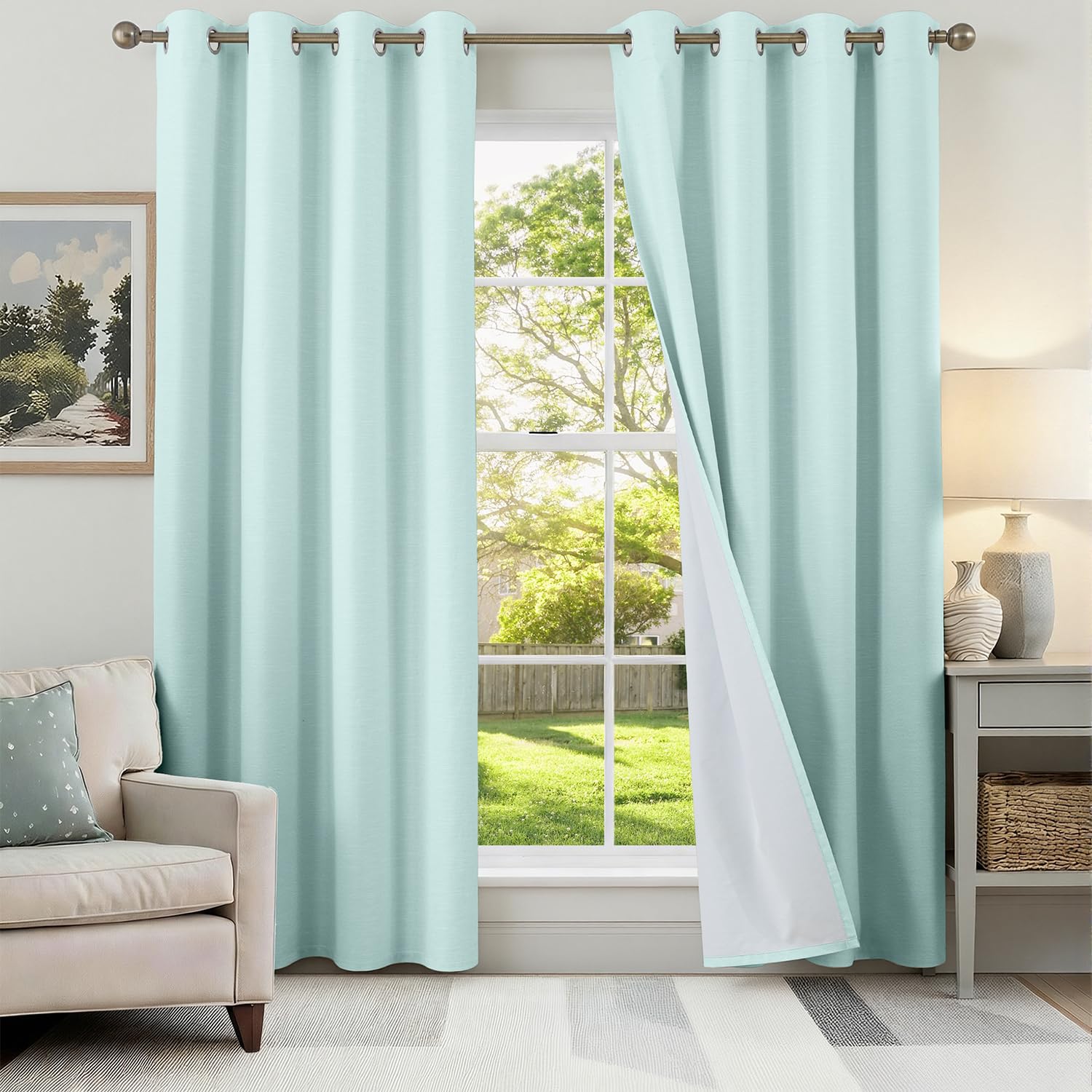 Runyéla 100% Verdunklungsvorhänge Leinen Gardinen mit Ösen 2er Set, Leinenoptik Vorhänge Blickdicht Thermovorhang Hitzeschutz, Schallschutz Thermogardine für Schlafzimmer Wohnzimmer Blackout Curtain